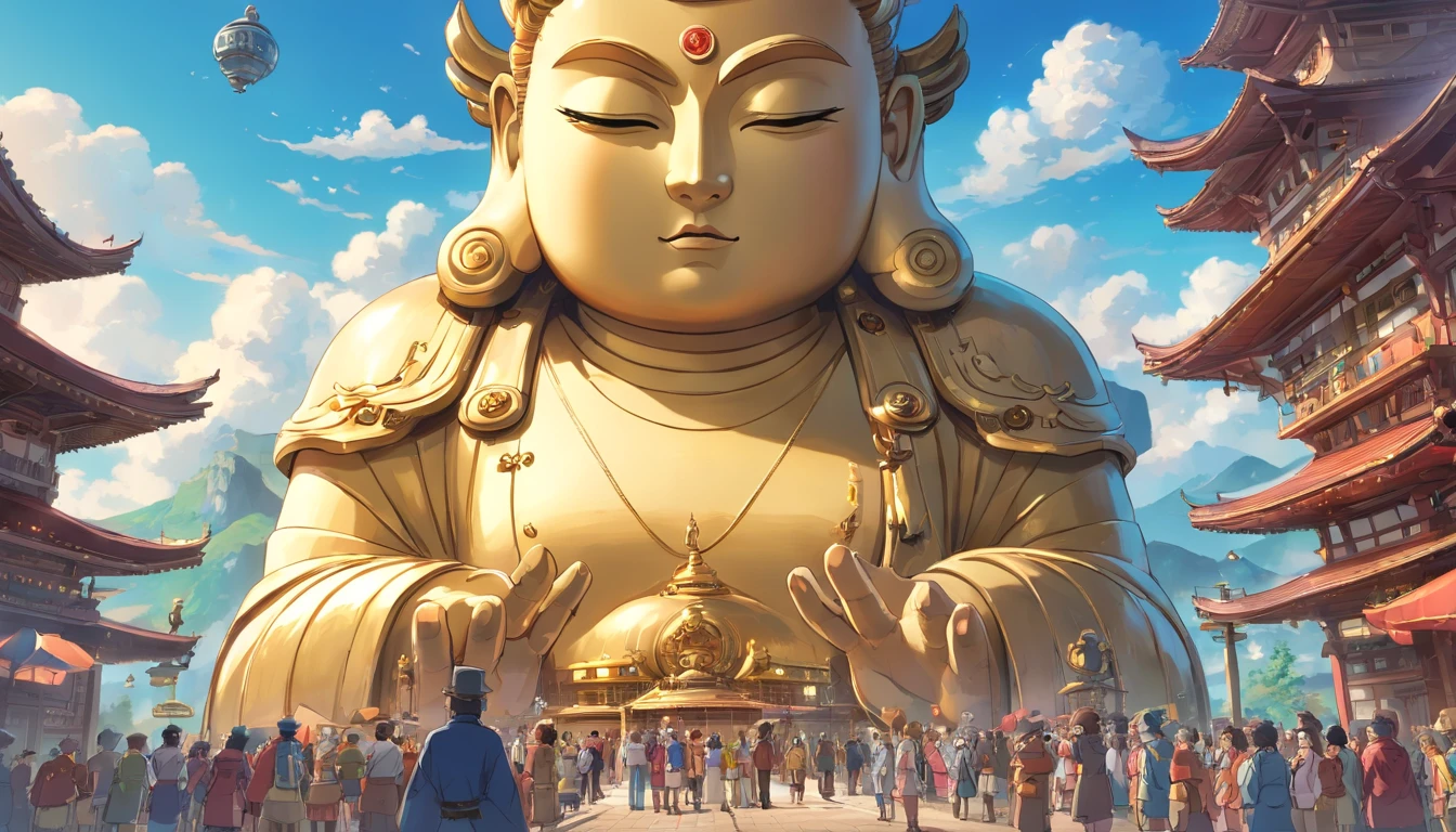 Super giant mechanical Buddha statue，Adoring crowds，Scripture shines in the sky，In steampunk style，super-fine，8K，Works of masters，Meticulous mechanical depiction，OC renderer，Ultra photo realsisim