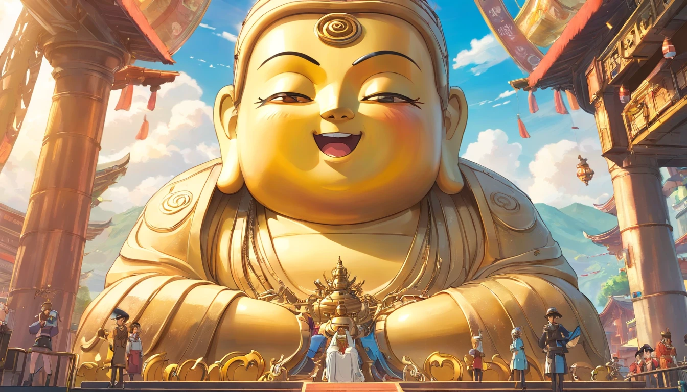 Super giant mechanical Buddha statue,Adoring crowds,Scripture shines in the sky,In steampunk style,super-fine,8K,Works of masters,Meticulous mechanical depiction,OC renderer,Ultra photo realsisim