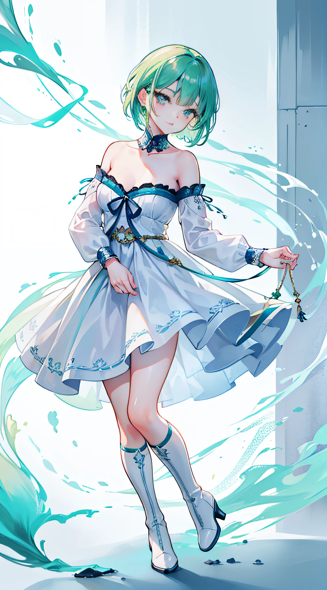 a girl with green hair, short hair, soft expression, joyful, petite figure, youthful appearance, dynamic, wearing a white dress, blue and white boots, (best quality, 4K, 8K, high resolution, masterpiece:1.2), (beautiful detailed eyes, beautiful detailed lips, extremely detailed eyes and face), panoramic, portrait