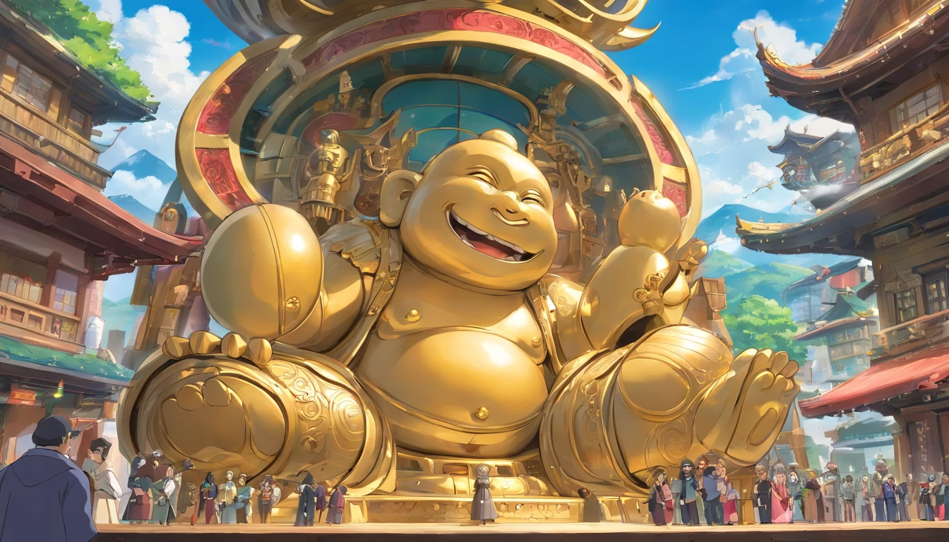 Super giant mechanical Buddha statue,Adoring crowds,Scripture shines in the sky,In steampunk style,super-fine,8K,Works of masters,Meticulous mechanical depiction,OC renderer,Ultra photo realsisim