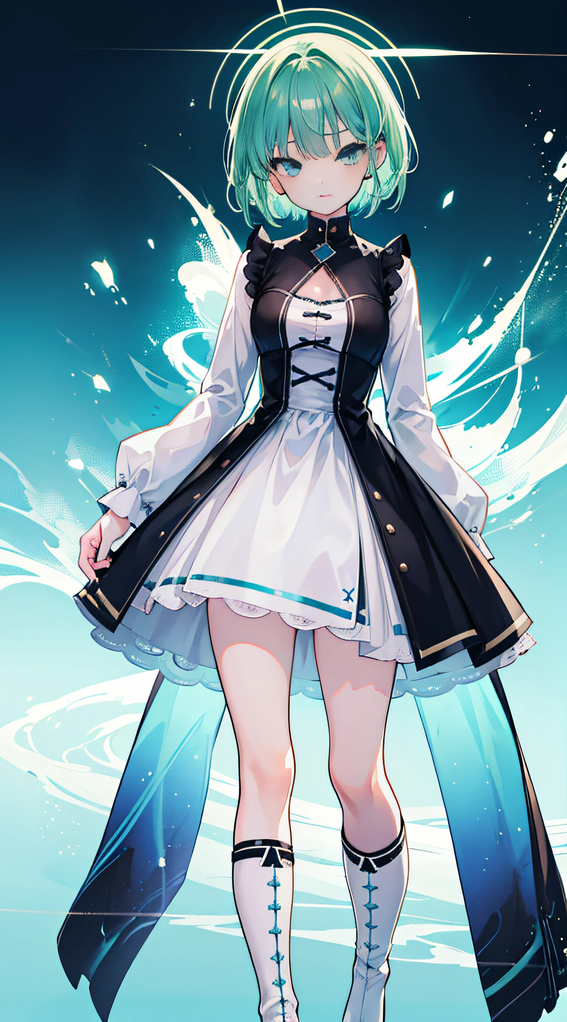 A girl with green hair,short detailed hair,(Black eyes),soft expression,Joyful,With a petite figure,Immature appearance,Dynamic,white dress,Blue and white boots,(Best quality,4K,8K,A high resolution,Masterpiece:1.2),(Detailed facial features),in a panoramic view,sportrait