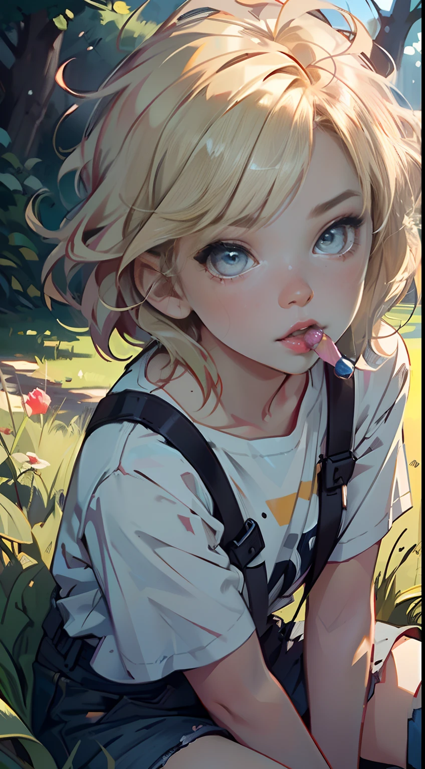 4K, high resolution, Best quality, Masterpiece, perfect colors, perfectly shaded, Perfect lighting, posted on e621, (by Jim Lee), masterpiece, digital paint, (close up, Cute girl, 20 years old, blond short hair ), sucking a lollipop, sitting in the grass in a hide park in London. 1990s \(style\),