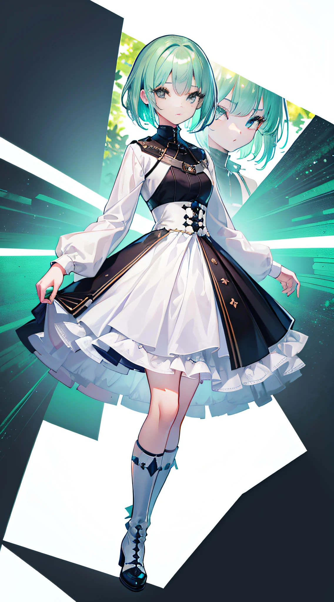 A girl with green hair,short detailed hair，（Black eyes），soft expression，Joyful，With a petite figure，Immature appearance，Dynamic，white dress，Blue and white boots，(Best quality,4K,8K,A high resolution,Masterpiece:1.2)，（Detailed facial features），in a panoramic view，sportrait