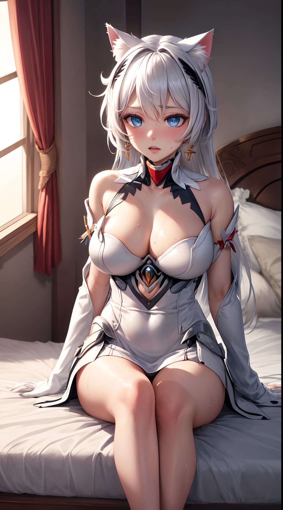 masterpiece, best quality, HD, 4K, Ultra-high resolution, Extreme Detail, Super detailed,
beautiful eyes, beautiful hair, Beautiful side, beautiful skin,dutch angle ,Kiana Kaslana,white hair, blue eyes, , cat-shaped cleavage costume, Cat ears,Wet clothes,big breasts, thigh, buttock, sitting cross-legged, arms at the back spread their arms,ahegao, blush, sweat, ashamed, bed, pov, Close-up, revealing clothing