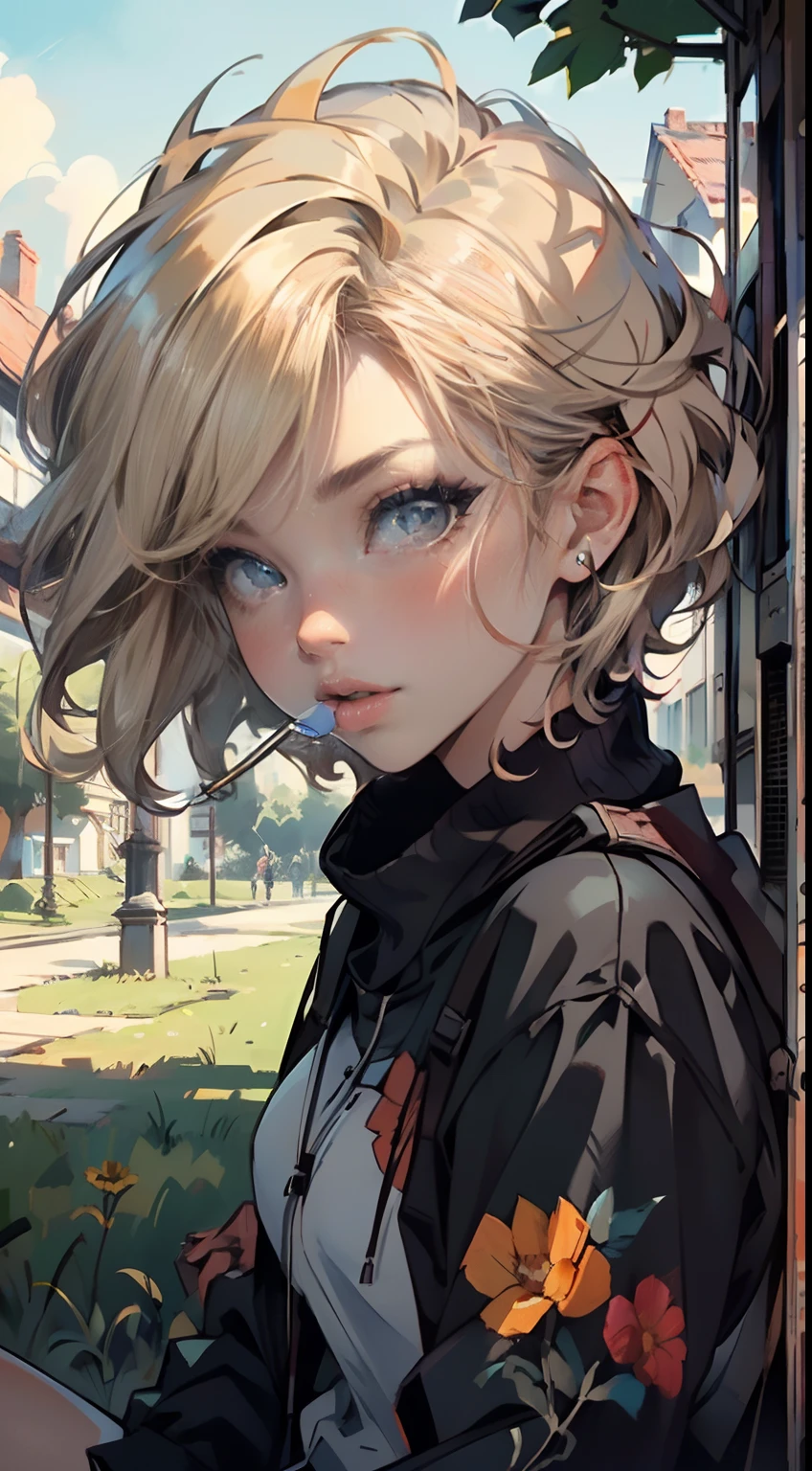 4K, high resolution, Best quality, Masterpiece, perfect colors, perfectly shaded, Perfect lighting, posted on e621, (by Jim Lee), masterpiece, digital paint, (close up, Cute girl, 20 years old, blond short hair ), sucking a lollipop, sitting in the grass in a hide park in London. 1990s \(style\),