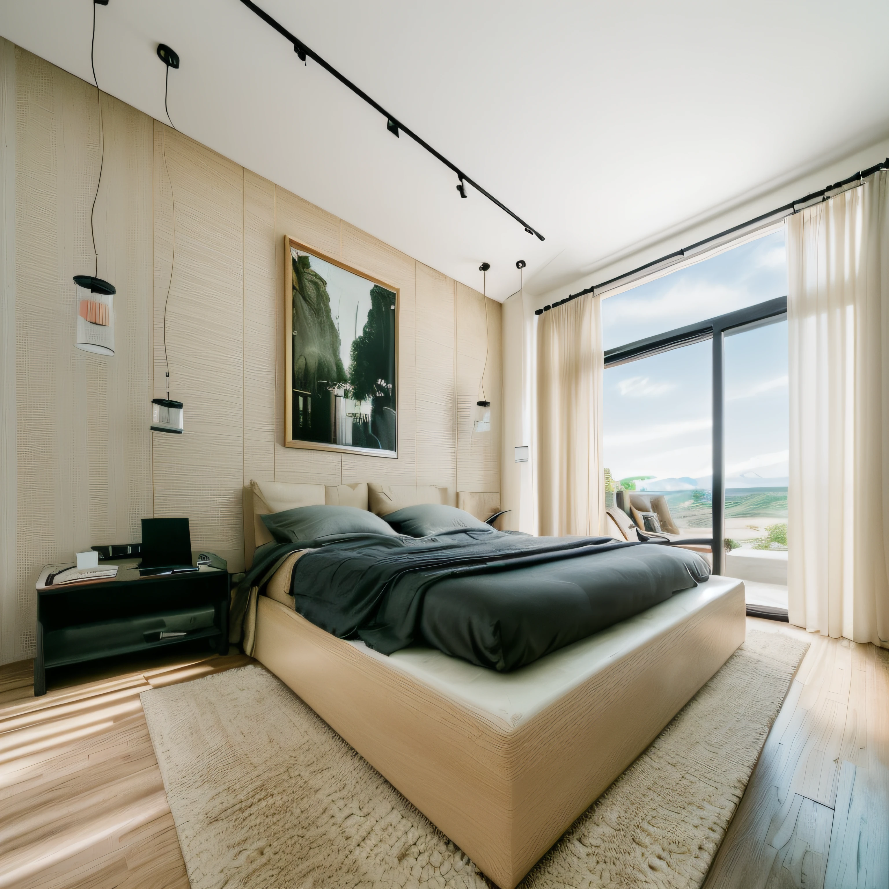 RAW photo, Masterpiece, high quality, best quality, authentic, super detailed, glossy indochina black furniture), minimalist architecture, minimalist bedroom, couch, table, carpet, shelf tv, 1 solid wood door:1.4,((laminated plaster,))), day light)), natural light fromt glass door, archdaily architecture, (high detail: 1.2), 8k uhd, dslr, soft light, high quality, film grain, Fujifilm XT3