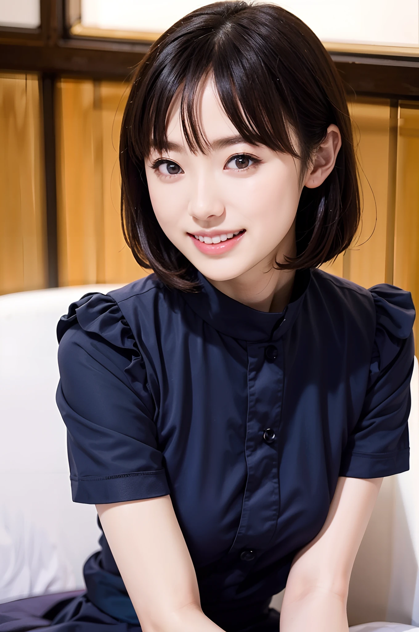 (Raw photo:1.2), (photoRealstic:1.4),((masuter piece、Best Quality、masutepiece、top-quality、Top image quality、hight resolution、1 persons、独奏、Beautiful woman in symmetry、Look firmly at the camera:1.8)) 、a beautiful detailed girl, extremely detailed eye and face, beatiful detailed eyes, Beautiful teeth、Beautiful teeth alignment、happily laughing、A smile、unbelievable Ridiculous, huge filesize, ultra-detailliert, masuter piece, ((Japan Girls' High School Uniform)), 8k wallpaper, magnifica, finely detail, Highly detailed UHQ uniform 8k wallpaper, Light on the Face、电影灯光、28 year old beautiful woman、A woman full of adult charm、((sexypose))、(camel's toe)、(half)、(Sitting on legs with bent knees))、short-hair、long neck、Put your ears out、bangss、big eye、Lashes、kawaii、a very cute、very beautif、Shadow Fade