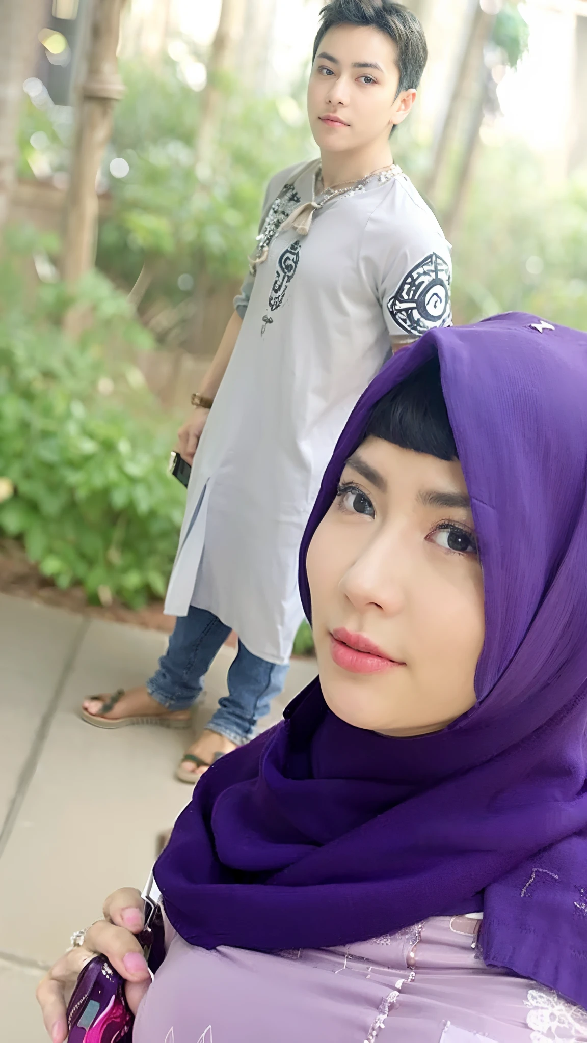 there is a woman wearing a purple scarf and a boy in a gray shirt, old picture, candid picture, very very low quality picture, with lovely look, very clear picture, desaturated!!, profile picture 1024px, picture, !! low contrast!!, a picture, in sunny weather, profile pic, candid photo, with a figure in the background