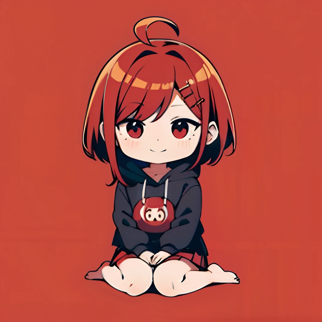 超A high resolution, Best aesthetic, Top quality depiction of the foot, Wearing a hoodie, red hairs, Flat Avatar, Anime visuals of cute girls, Cute art style, Chibi, Shorthair, Ahoge, is shy, A smile, Peony hair ornament,drawing on paper, simple background, 耳环, jewely, side locks, large red oval eyes,sitting on、skirt by the、Legs are out、Chibi,