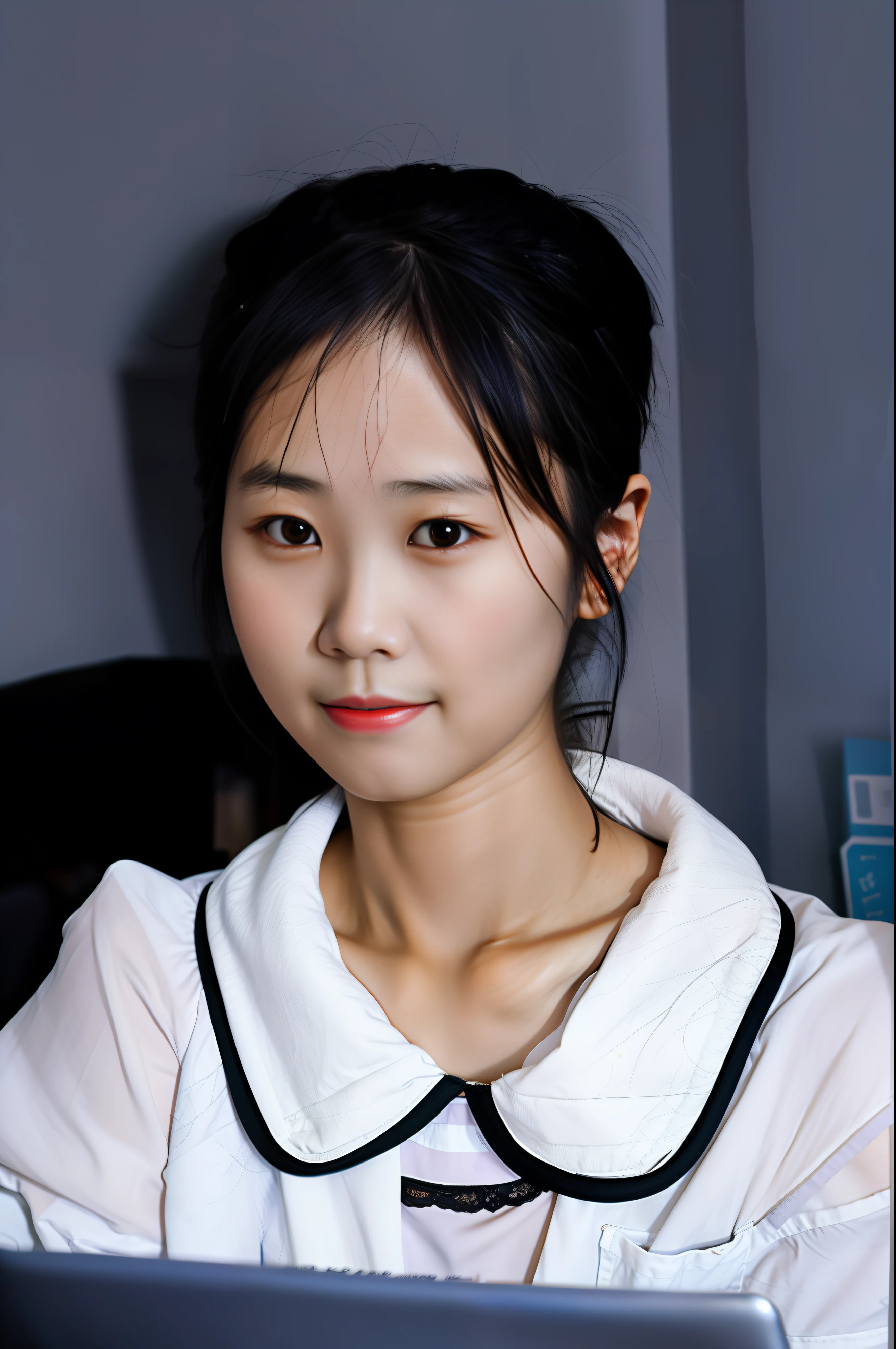 There was a woman sitting at the table,holding laptop, mingchen shen, Lu Ji, young cute wan asian face, A young Asian woman,
