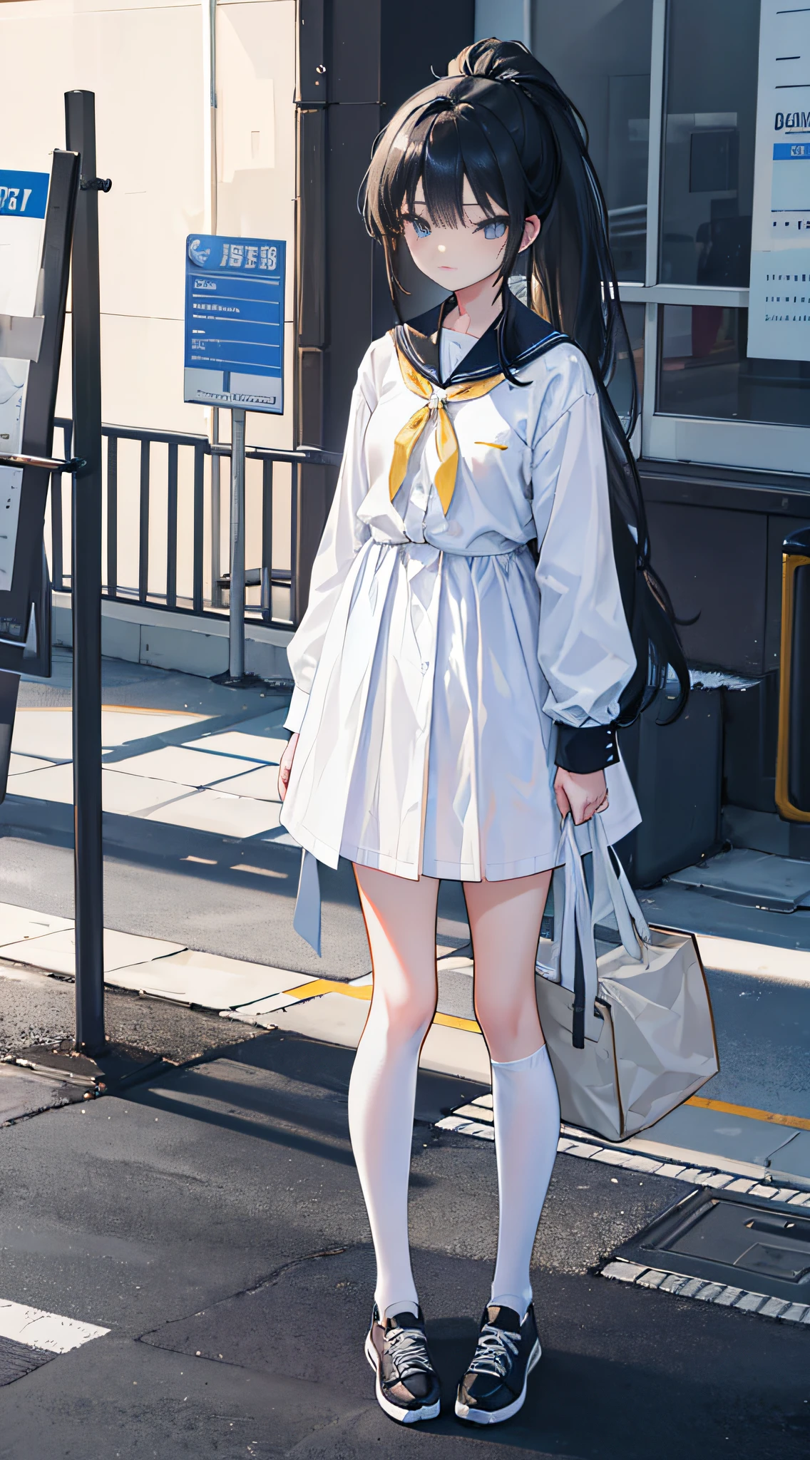 (best quality,4k,ultra-detailed,photo-realistic:1.2),a girl with long black hair and black eyes. Her hair extends down to her back, tied into a ponytail. She has a serious expression, with slightly furrowed eyebrows. She is wearing a white shirt, a blue school uniform, white stockings, and light yellow sneakers. She is standing alone in the playground. The facial features are extremely detailed. The prompt should be a full body shot.