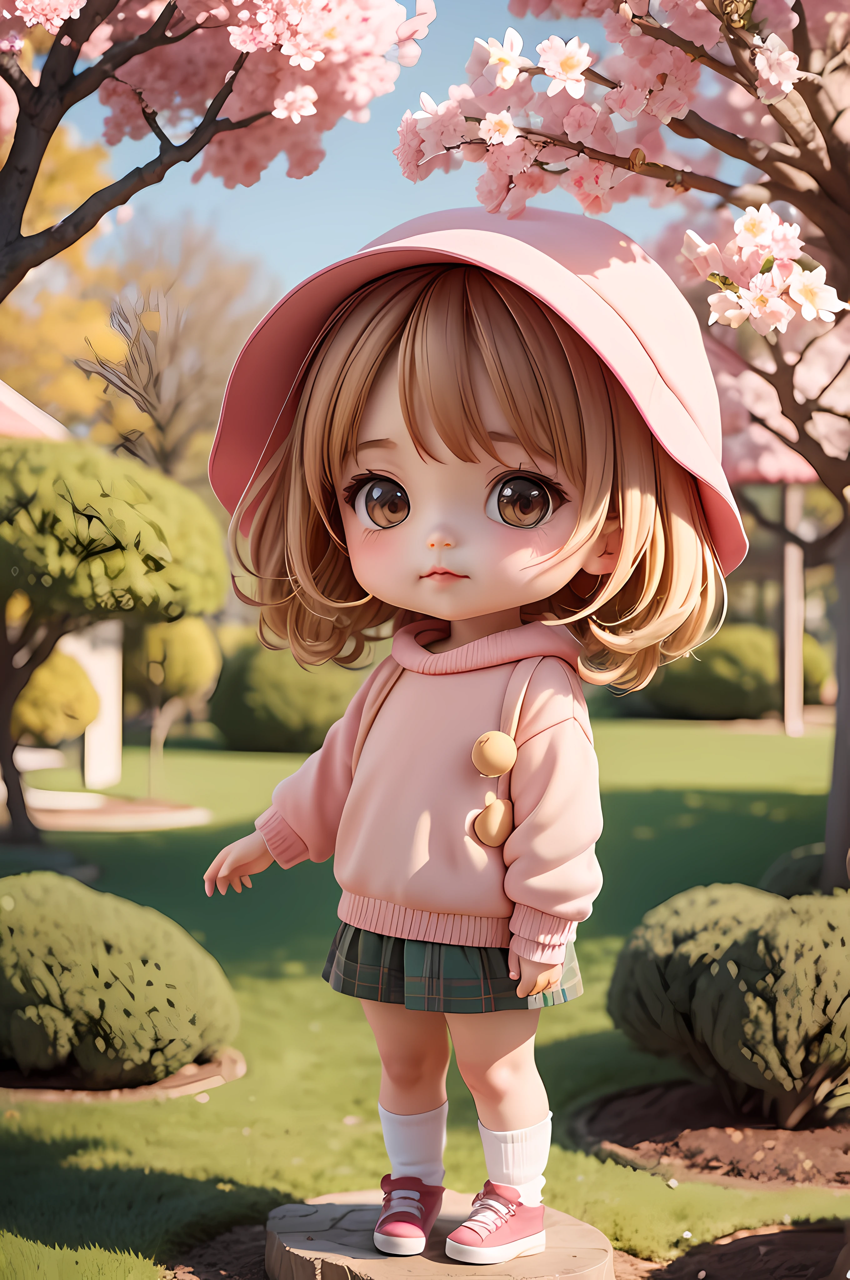 loli, ???, use pink hat, soft sweater, short shirt, blonde brown hair, sakura tree, garden