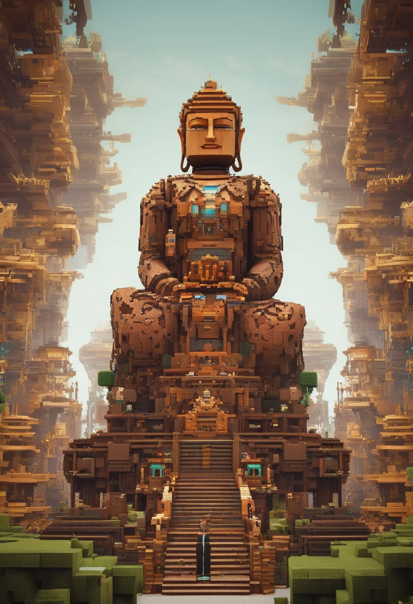 Super giant mechanical Buddha statue,Adoring crowds,In steampunk style,super-fine,8K,Works of masters,Meticulous mechanical depiction,OC renderer,