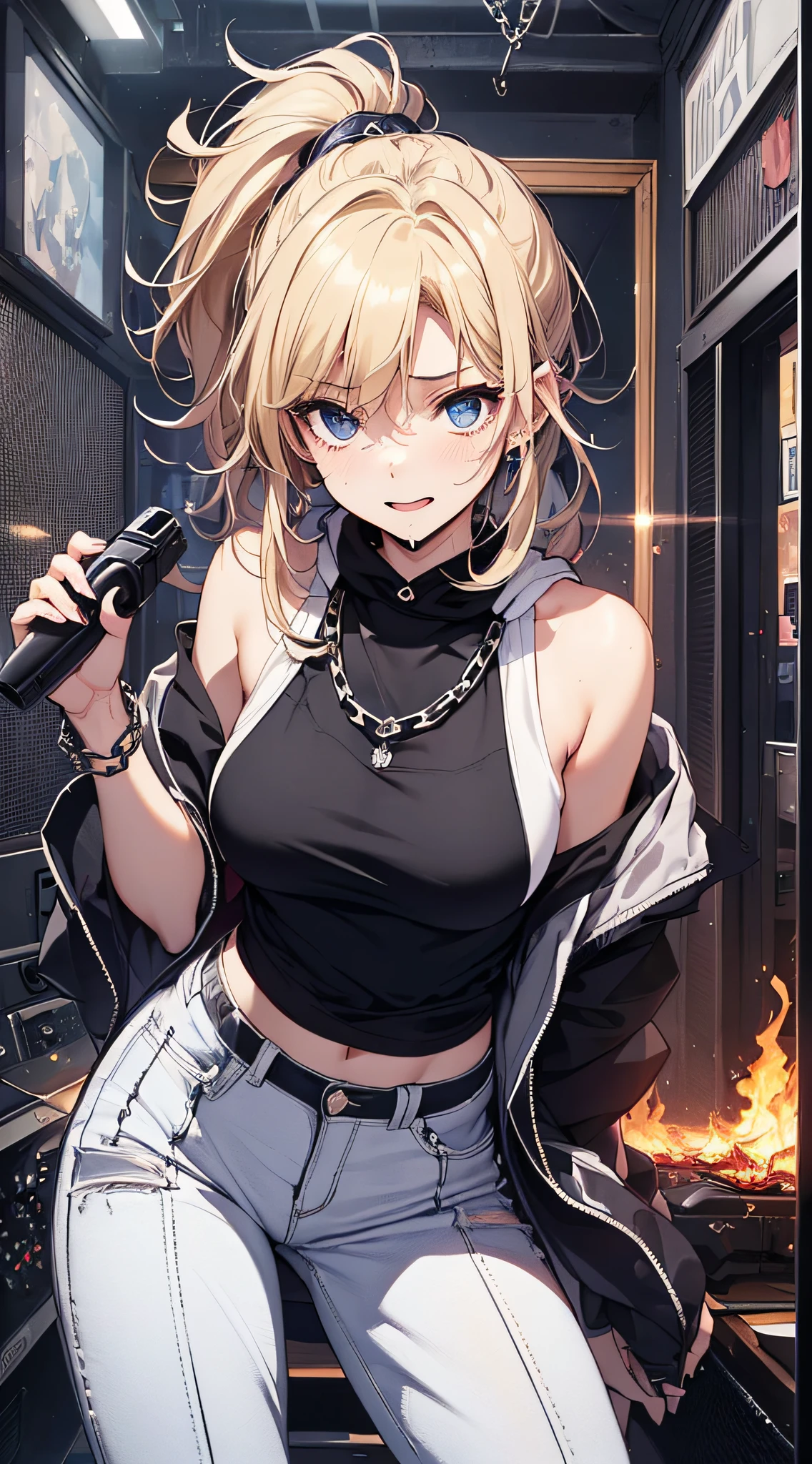 top-quality、Top image quality、​masterpiece、girl with((18year old、tatteredclothing、Black tank top、Black short-sleeved hoodie、White pants、Best Bust、Bust 85、a blond、disheveled ponytail、Blue Eyes、open chest wide、Happiness、Sweating、Chain Accessories、dance)）hiquality、visualart、Background with((live house、knight、Combustion Renditions、Laser Pointer))、masutepiece