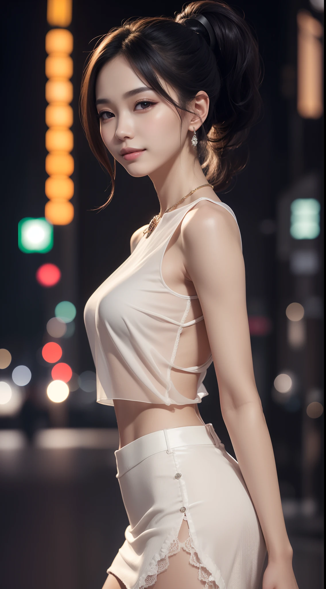8k, masterpiece, RAW photo, best quality, photorealistic, extremely detailed CG unity 8k wallpaper, Depth of field, Cinematic Light, Lens Flare, Ray tracing, (extremely beautiful face, beautiful lips, beautiful eyes), intricate detail face, ((ultra detailed skin)) 1girl, in the dark, deep shadow, pretty korean girl, kpop idol,(very slim slender fit-muscled body), ((looking at viewer)),(big smile), city night, (neon sign), (blurry background), midnight, (vacant city), (without people in the background), pretty asian girl, earrings, bracelets, necklace, clear eyes, shot, (pale skin), face forward, (big eyes), ((close up shot)), (ponytail) (looking at viewer), medium breasts,((smile)), (see through), ((laced top)), ( very slim), (silk shirts), (silk skirt)