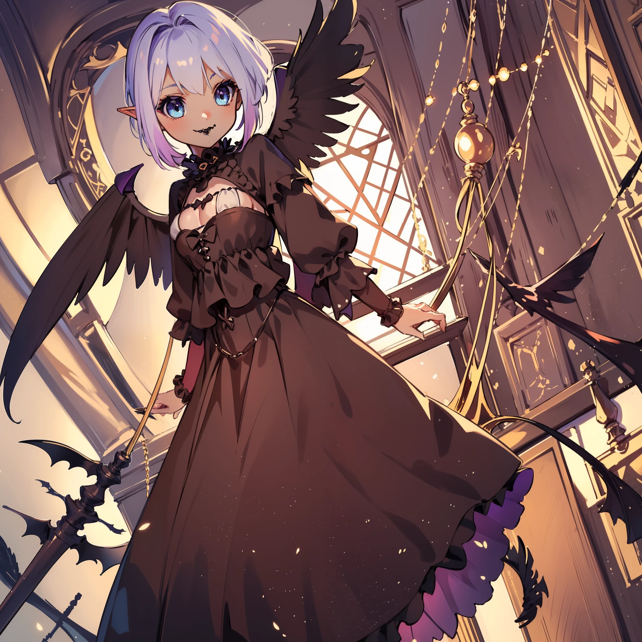 very cute female girl:1.5,(smile broadly:1.3),(Darkness:1.4),blue eyes,silver hair:1.3,(glay brown skin:1.7),elf ear:1.3, (raven wings:1.7),(dark elf:1.6),action:1.6,gothic mermaid dress:1.8,BREAK dutch angle shot,dynamic angle:1.6,ground-level shot,low angle,full body shot,medium shot,BREAK (Gothic room:1.8),Summer,day, Long hair,flat chest,Wind,BREAK (extremely detailed CG unity 8k portrait),(highly detailed fingers),(Masterpiece: 1.3),(ultra detailed face),(Exquisite Detail: 1.2),highly detail Eye,(Highest Quality:1.4), (Super-Resolution: 1.2),(super fine illustration), Eyelashes, Best Quality,super detailed skin,