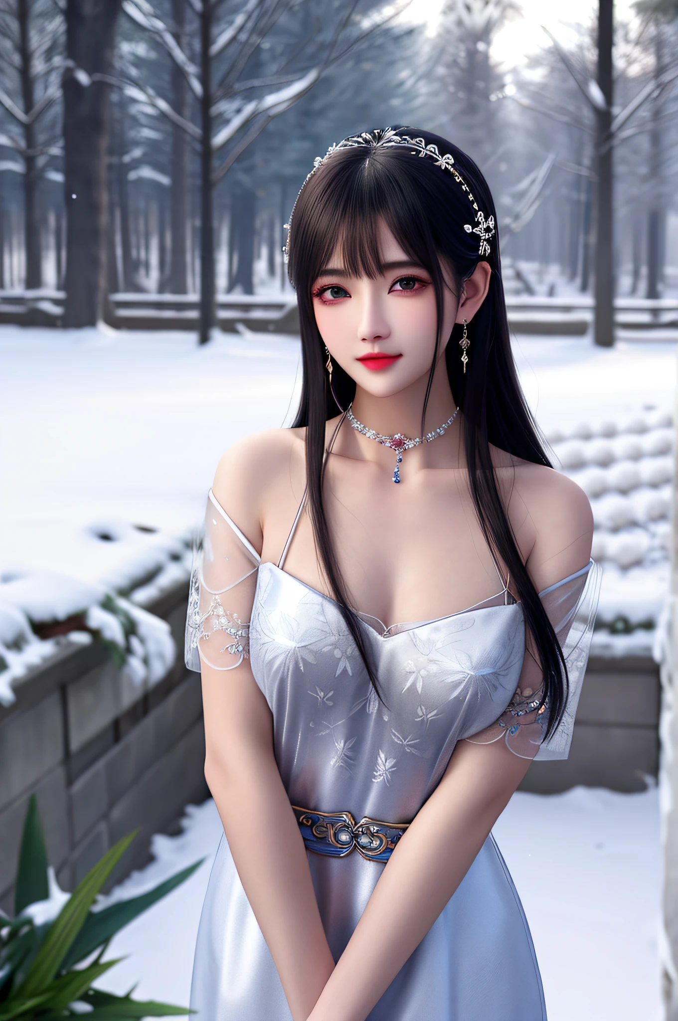 best qualityer,8K, tmasterpiece, A high resolution, 1girll, Clear silk porcelain dress, Fur coat, hair adornments, ssmile, Keep one's mouth shut, cparted lips,Large breasts,Shoulder, shift dresses, hair adornments, choker necklace, jewely, Chinese outfit, long whitr hair, 耳Nipple Ring, Detailed beautiful eyes, detailed eyelashes, beautiful face,after sexing_Body, Tyndall effect,realisticlying, edge lit, twotonelighting,(highdetailskin:1.2), 8K, Ultra HD, digital SLR camera, gentle illumination, high high quality, Volumetriclighting, Frankness, photore, A high resolution, Bokeh, at a forest, Falling snow, Winters, in the afternoon