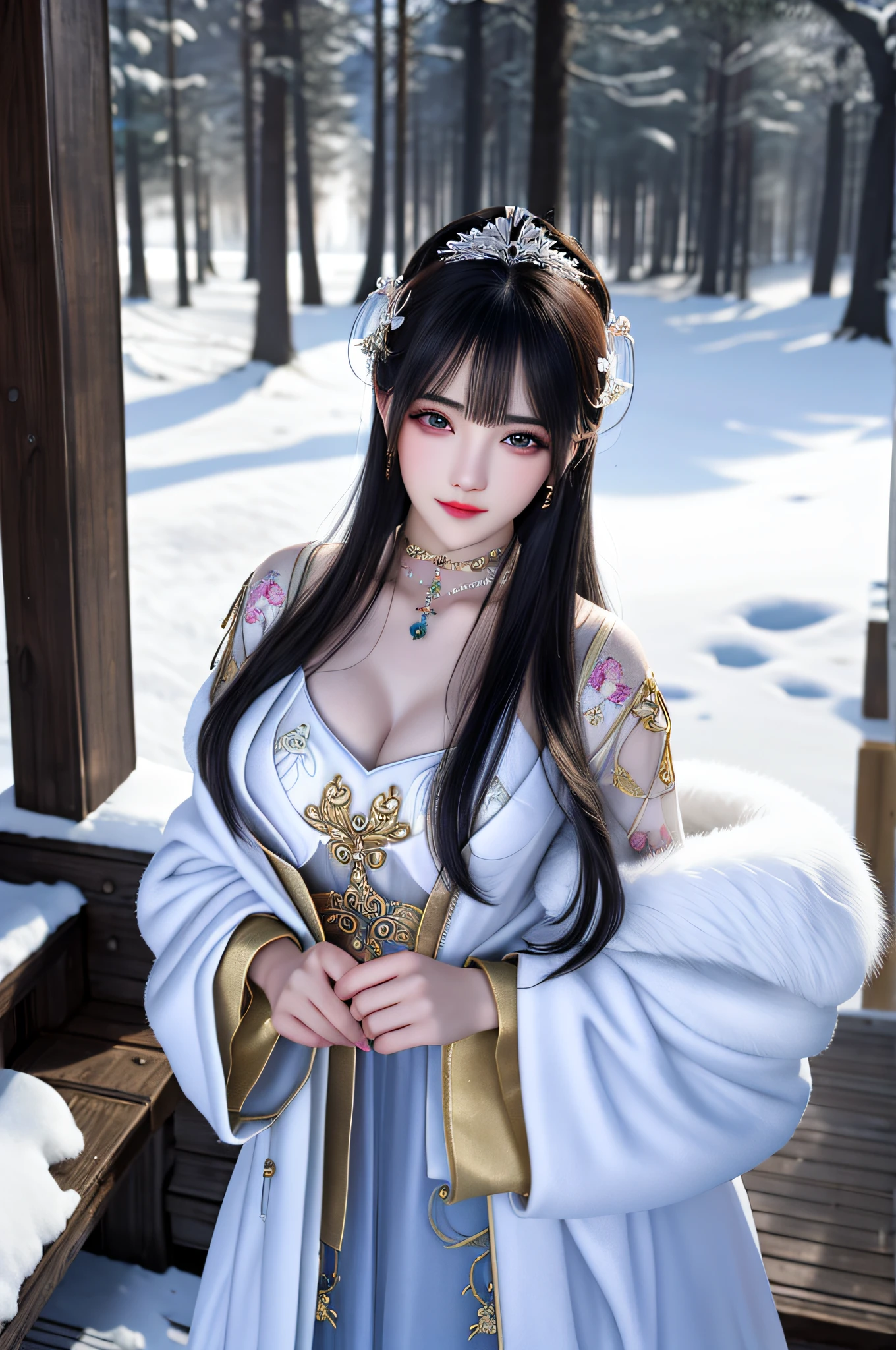 best qualityer,8K, tmasterpiece, A high resolution, 1girll, Clear silk porcelain dress, Fur coat, hair adornments, ssmile, Keep one's mouth shut, cparted lips,Large breasts,Shoulder, shift dresses, hair adornments, choker necklace, jewely, Chinese outfit, long whitr hair, 耳Nipple Ring, Detailed beautiful eyes, detailed eyelashes, beautiful face,after sexing_Body, Tyndall effect,realisticlying, edge lit, twotonelighting,(highdetailskin:1.2), 8K, Ultra HD, digital SLR camera, gentle illumination, high high quality, Volumetriclighting, Frankness, photore, A high resolution, Bokeh, at a forest, Falling snow, Winters, in the afternoon