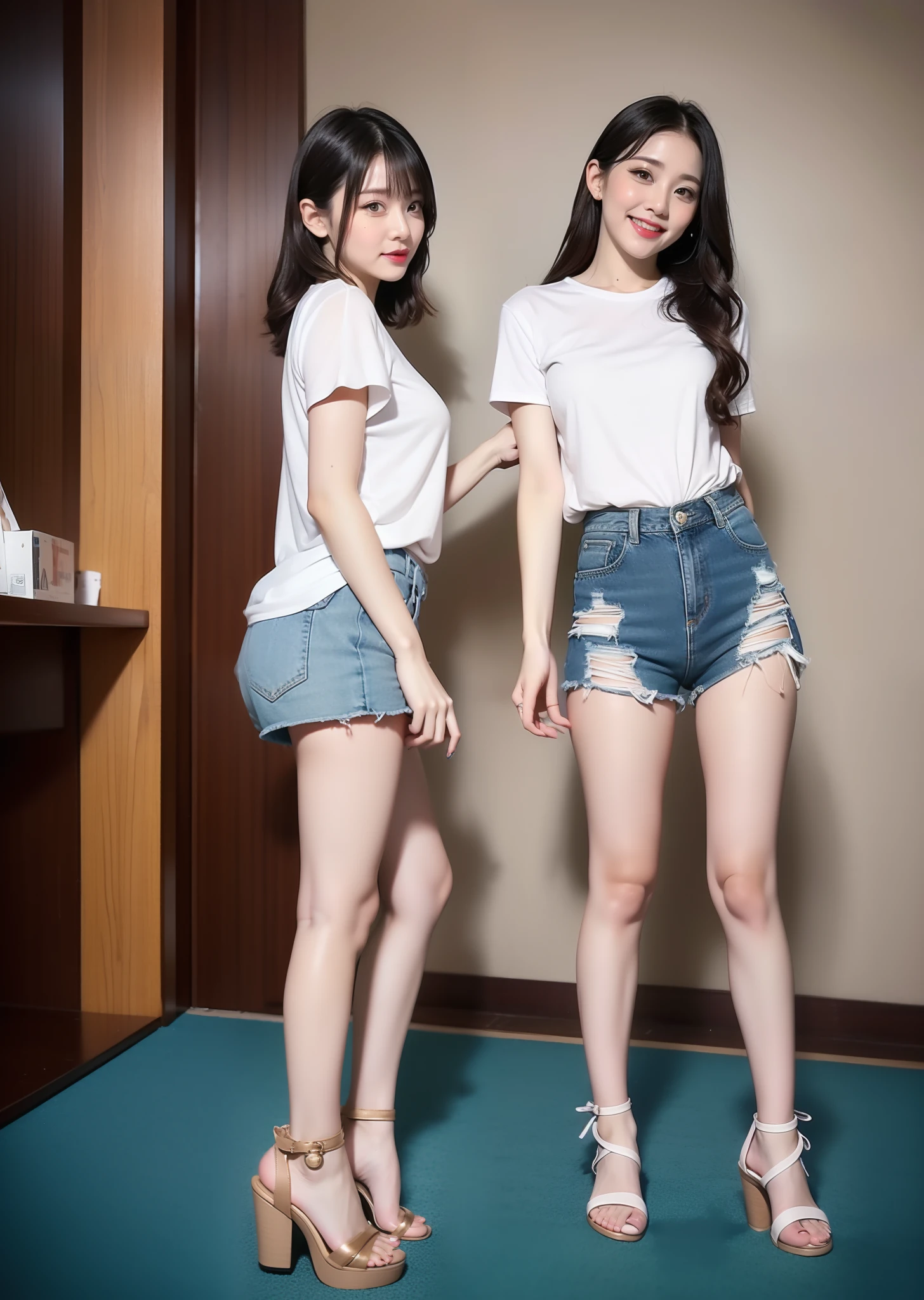 2 beautiful young women，One wearing denim shorts to the thigh root，A pair of small sandals on your feet，The top is a white short-sleeved T-shirt，One wears a white miniskirt with blue short-sleeved crewneck T-shirt，A pair of high-heeled sandals measuring about 10 cm under your feet，The figure is too perfect for the front and back upturn，Dance and play in the KTV private room，detailed outfits，Detailed facial expressions，fully body photo