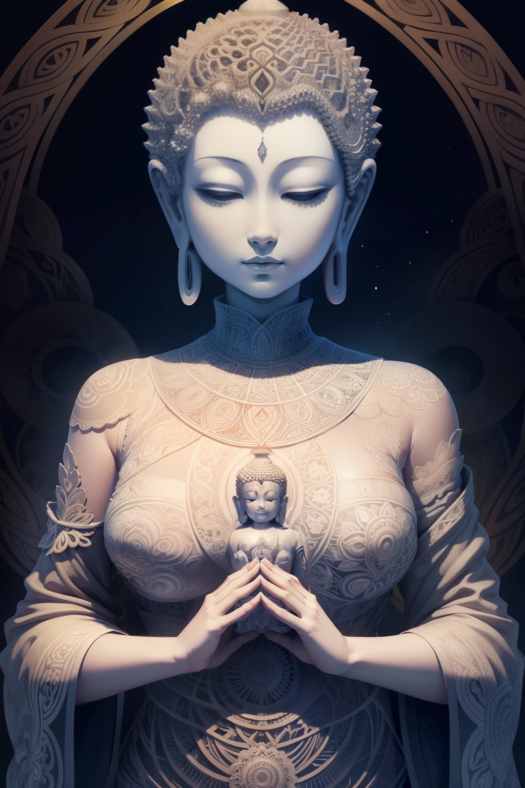 (fractal structures, zentangle, entangle) background, scanning line, Buddha statue, mental enlightment