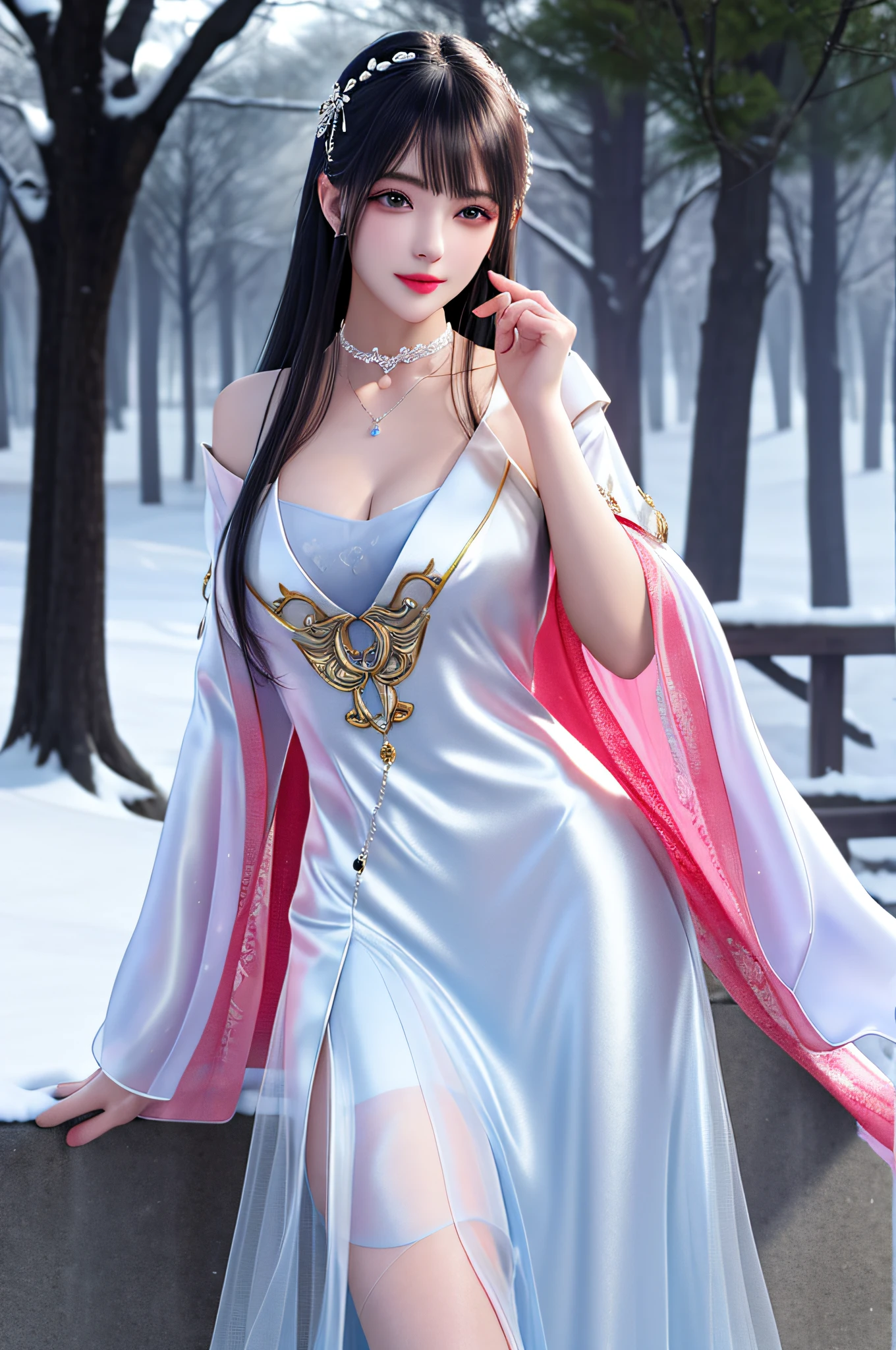 best qualityer，8K， tmasterpiece， A high resolution， 1girll， Clear silk porcelain dress， Fur coat， hair adornments， ssmile， Keep one's mouth shut， cparted lips，Large breasts，Shoulder， shift dresses， hair adornments， choker necklace， jewely， Chinese outfit， long whitr hair， 耳Nipple Ring， Detailed beautiful eyes， detailed eyelashes， beautiful  face，after sexing_Body，Slender and long legs， Tyndall effect，realisticlying， edge lit， twotonelighting，（highdetailskin：1.2）， 8K, Ultra HD， digital SLR camera， gentle illumination， high high quality， Volumetriclighting， Frankness， photore， A high resolution， Bokeh， at a forest， Falling snow， Winters， in the afternoon