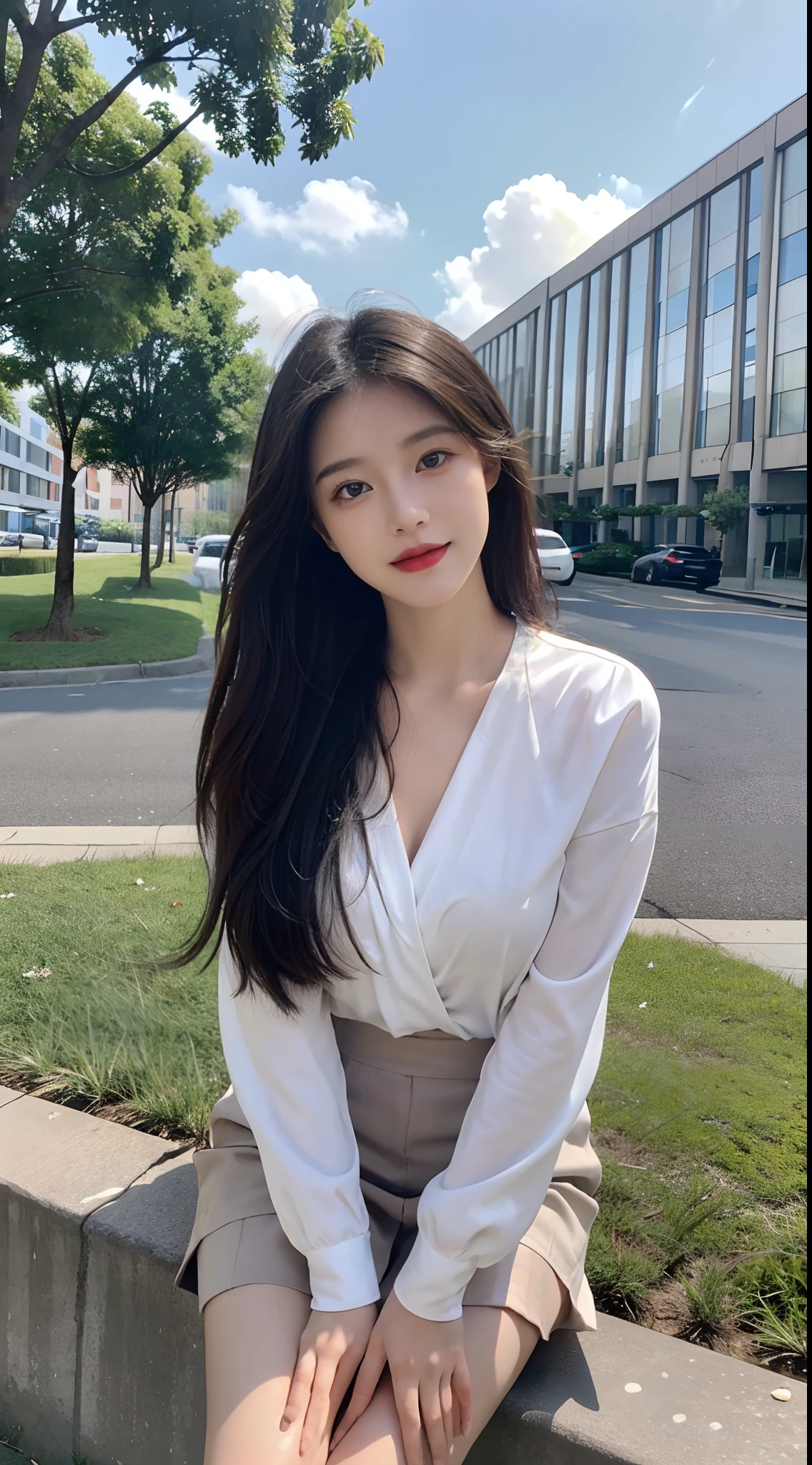 ((Best Quality, 8K, Masterpiece:1.3)), A beautiful girl, pure, melon face, gentle and cute, sweet smile, pure desire, thin figure, (frontal), (tilted head), looking directly at the camera, uniform, obi, formal, black silky long straight hair, long hair flowing over the shoulders, round black big eyes, clear big eyes, moist red lips, sweet, sitting on the side of the road, blue sky and white clouds, grass, buildings,