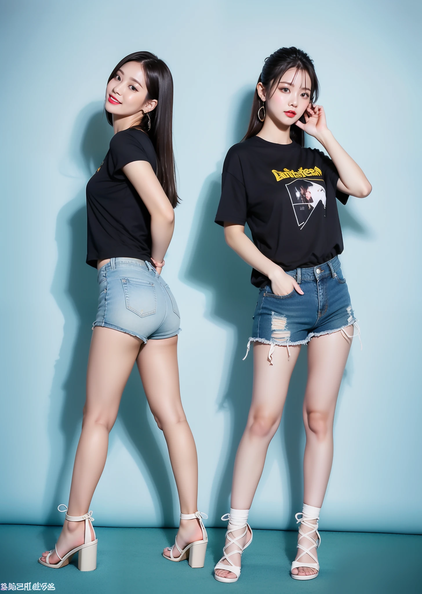 2 beautiful young women，One wearing denim shorts to the thigh root，A pair of small sandals on your feet，The top is a white short-sleeved T-shirt，One wears a white miniskirt with blue short-sleeved crewneck T-shirt，A pair of high-heeled sandals measuring about 10 cm under your feet，The figure is too perfect for the front and back upturn，Dance and play in the KTV private room，detailed outfits，Detailed facial expressions，fully body photo