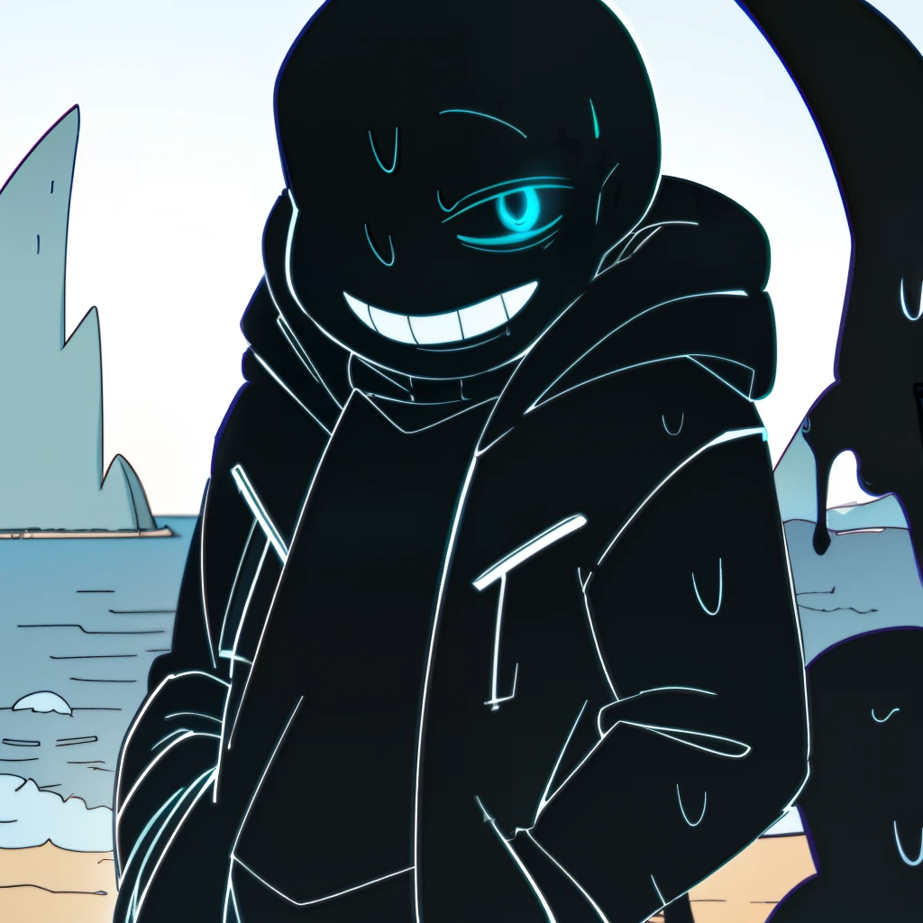black skeleton, goopy skeleton, nightmare!sans, cyan eye, smiling, hands in pockets, black goopy jacket, black goopy shirt, black goopy shorts, tentacles, goopy covered eye, cyan outline, beach from behind