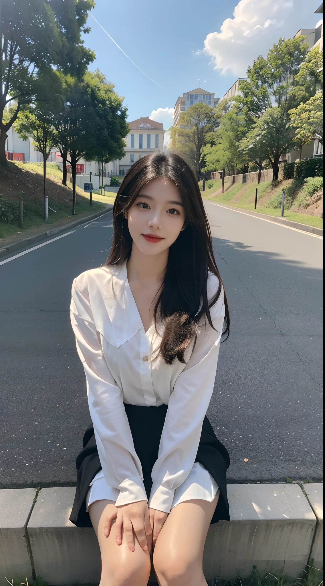 ((Best Quality, 8K, Masterpiece:1.3)), A beautiful girl, pure, melon face, gentle and cute, sweet smile, pure desire, thin figure, (frontal), (tilted head), looking directly at the camera, uniform, obi, formal, black silky long straight hair, long hair flowing over the shoulders, round black big eyes, clear big eyes, moist red lips, sweet, sitting on the side of the road, blue sky and white clouds, grass, buildings,