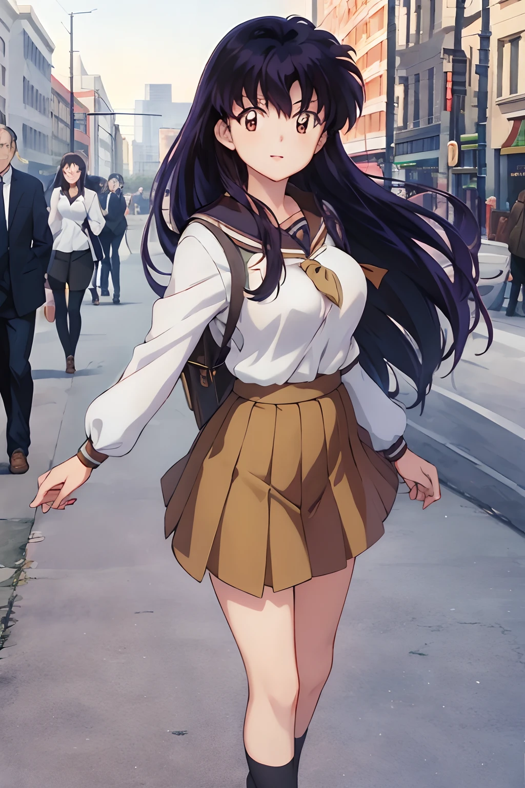 巨作, (Best Quality), 1Woman,1girl  Kagome Higurashi, brown eyes, full body, photorealistic, (hyperrealistic:1.2), perfect eyes, perfect face, perfect lighting, outdoors, warm colors, city, school uniform, happy, , walking,, smile,