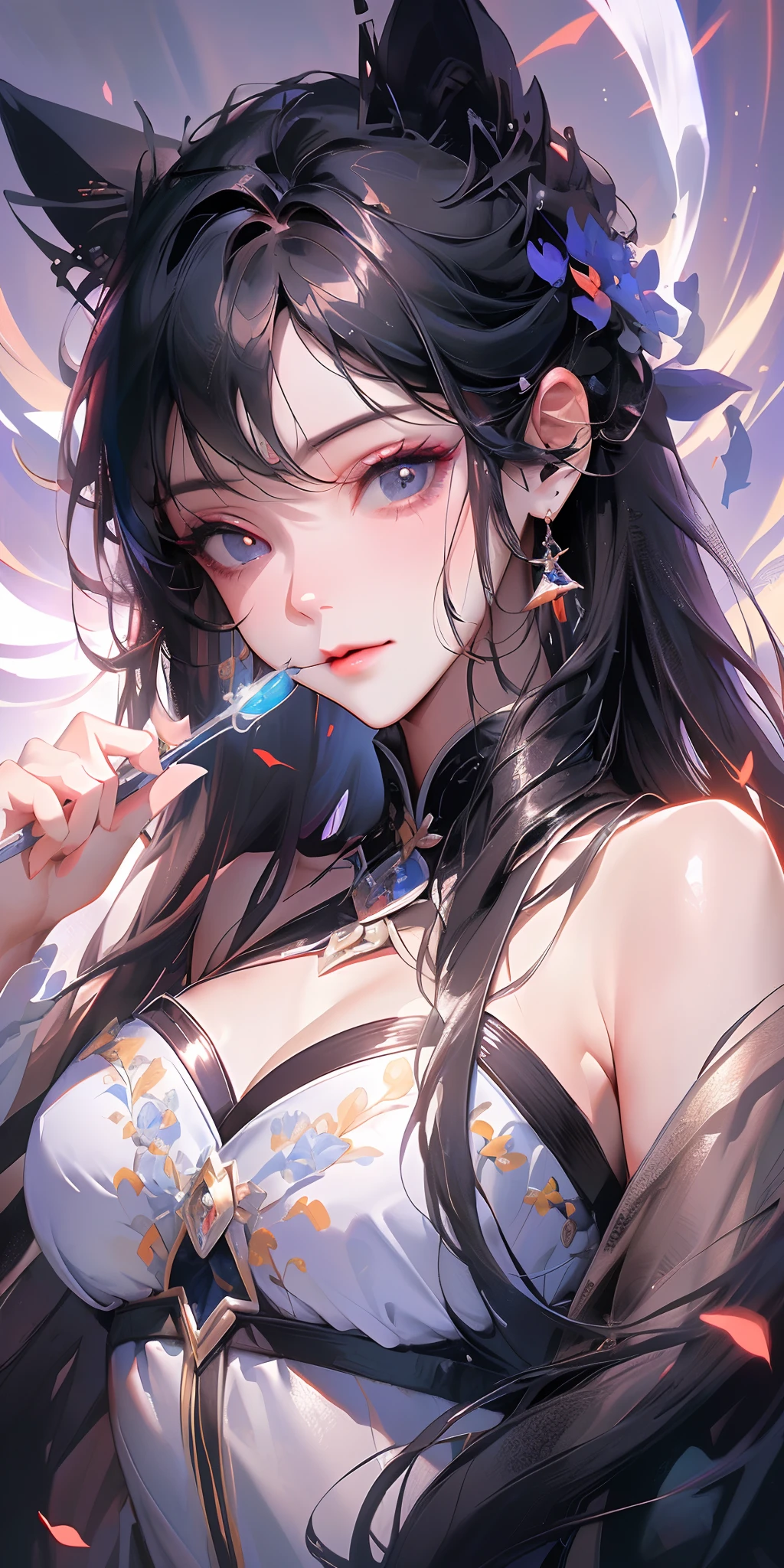 (Daisaku),(Need),(Super meticulous),1girll(Black color hair)(White wings)(Purple dress)animemanga girl, hyper detail eyes,((putting makeup on)),(best illuminate,Extremely refined and beautiful)Guviz, beautiful fantasy anime, Guviz-style artwork, Detailed digital anime art, gothic maiden anime girl, 8K high quality detailed art, guweiz masterpiece, Beautiful anime girl(beautiful detailed face),(美丽细致的眼睛)