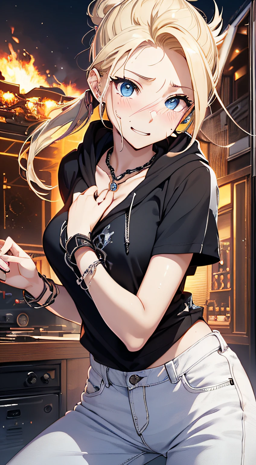 top-quality、Top image quality、masterpiece、girl with((18year old、tatteredclothing、Black tank top、Black short-sleeved hoodie、White pants、Best Bust、Bust 85、a blond、disheveled ponytail、Blue eyes、open chest wide、Happiness、Sweating、Chain Accessories、break dance))hiquality、visualart、Background with((live house、knight、Combustion Renditions、Laser Pointer))、masutepiece