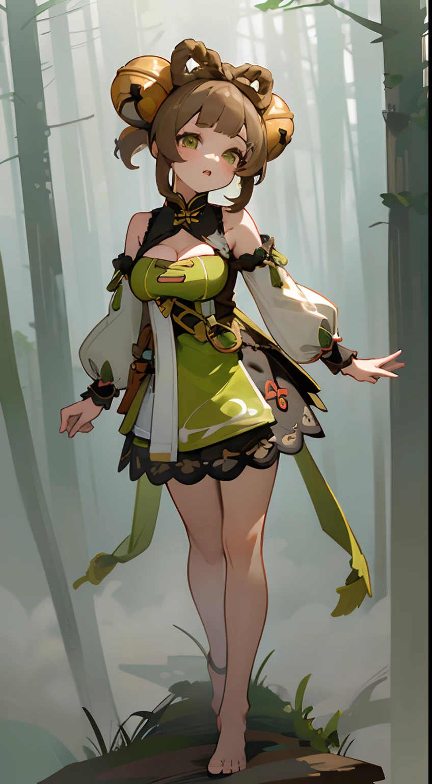 1girl,  ((yaoyaodef)), adult woman, mature, 25years old, (standing, head tilt ), (((big breast, cleavage))), (Dynamic angle), ((full body)), barefoot, toes, detailed eyes , (best shadow:1) (light brown hair), bell, (colorful:1.2), (extremely detailed CG unity 16k wallpaper:1.1), (masterpiece:1.37), ((official art)), top quality, open back, bare shoulders, intricate green dress, beautiful face, parted lips, (perfect body), proportional , (accidental navel reveal), (foggy forest background:1.3)