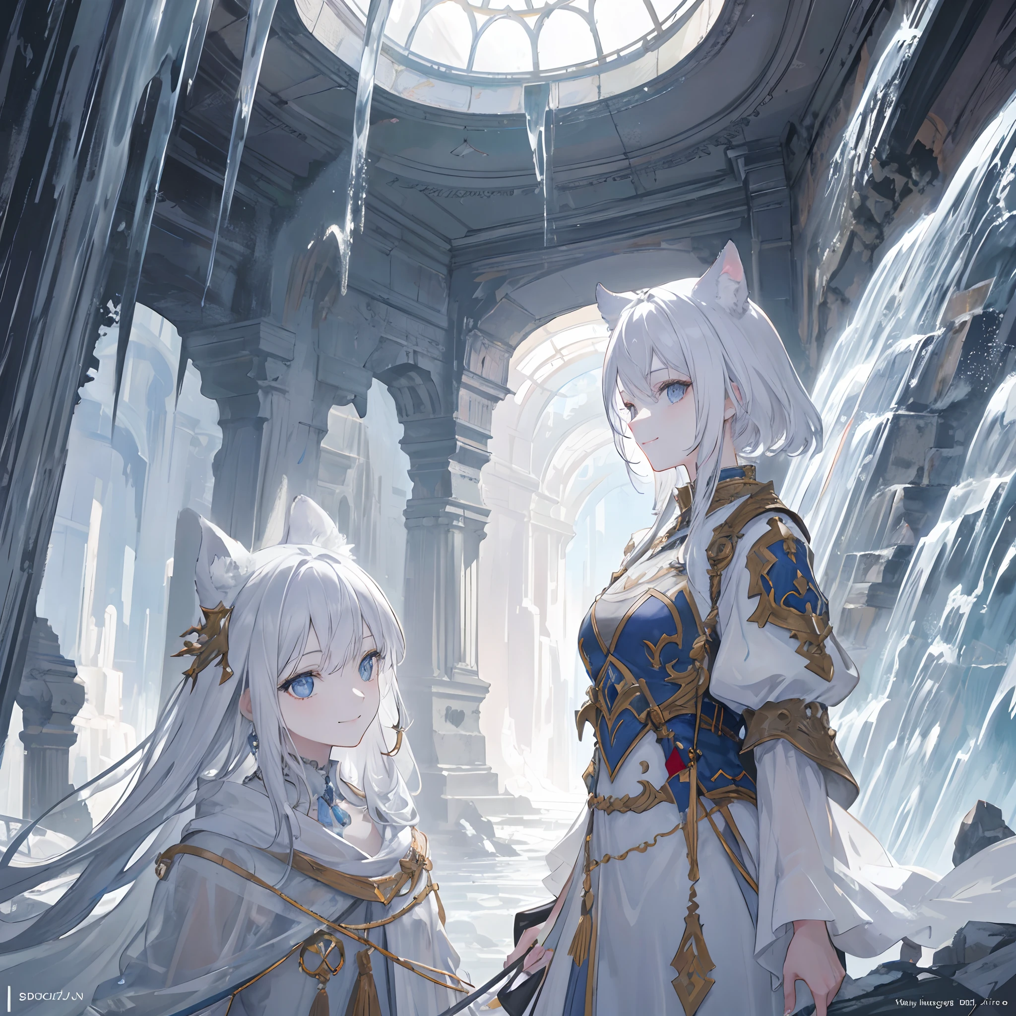 High definition RAW color art, Sculpture of an adventurer girl, Train marble skin, High angle, smile, (((Ultra detailed elegant))), Magical atmosphere, Face Focus, Waterfall, twinkle eyes, White and gray room, dog ear