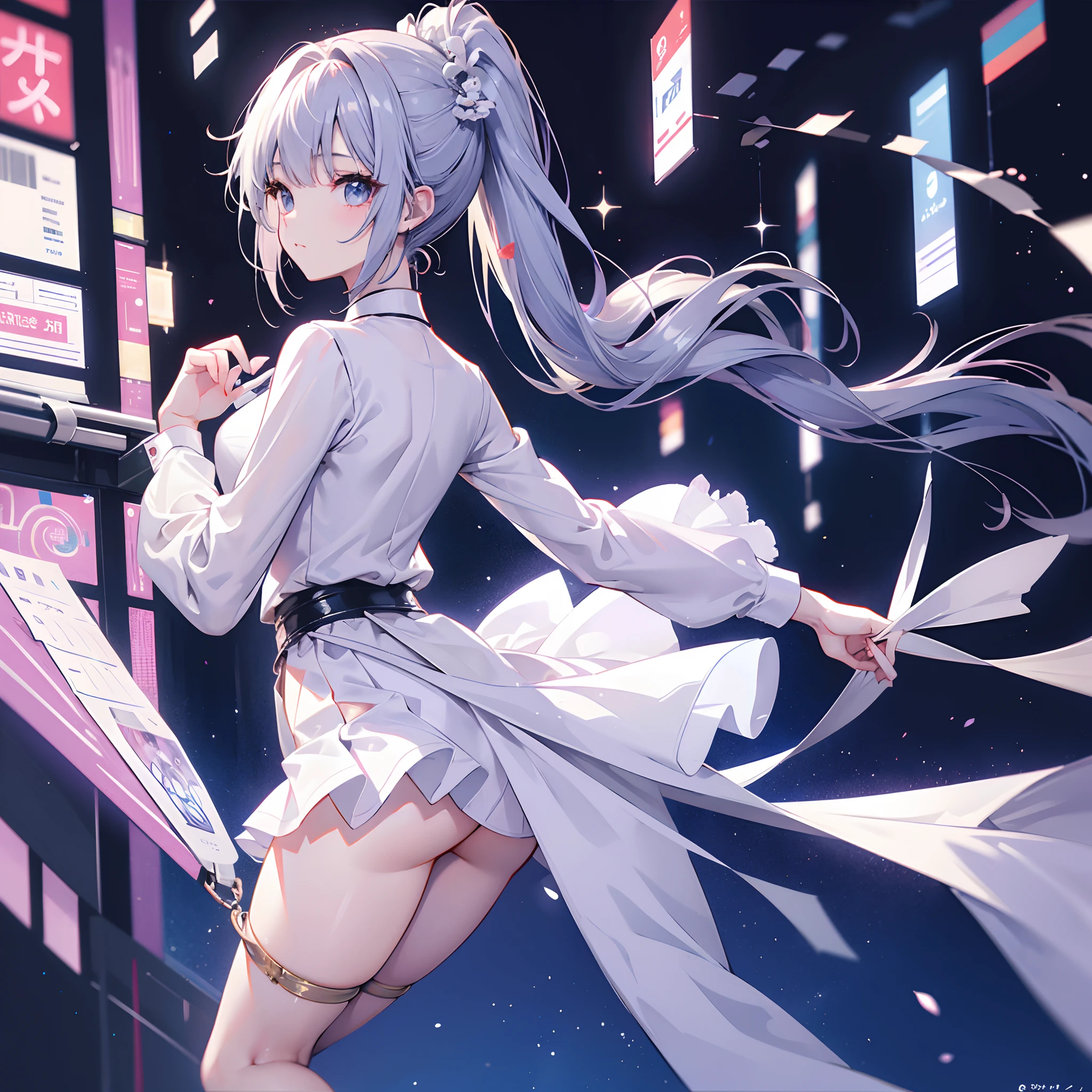 Near future、sologirl、full body Esbian、poneyTail、White blouse、pleatedskirt、posterior view、undergarment、A sexy、Cute、Thin leg、highly accurate、