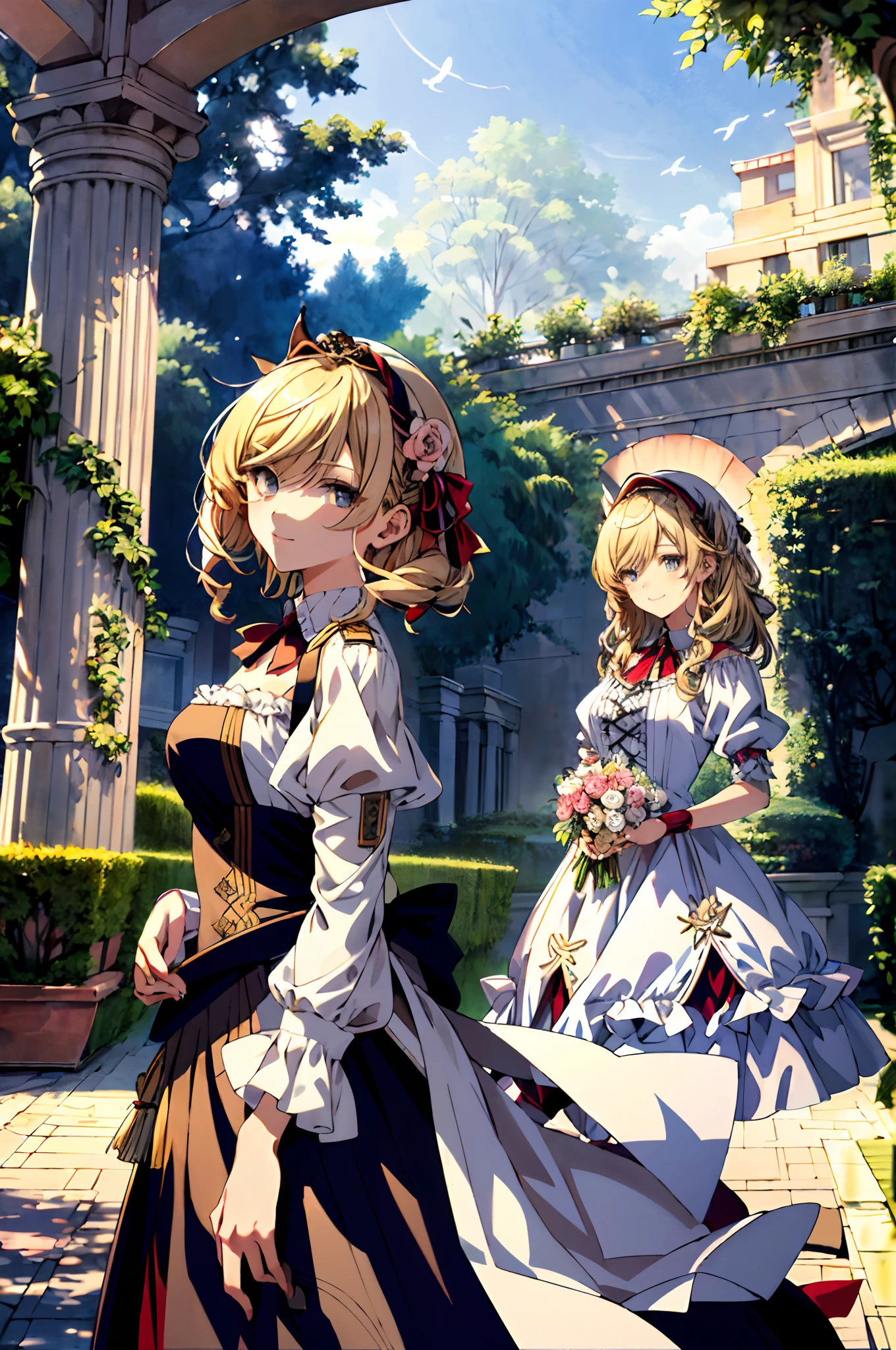 (tmasterpiece、top-quality、illustratio、Extremely high quality、high-level image quality、Extremely sensitive writing)Blonde girl standing in beautiful garden、A slight smile、She has a large bouquet、Cute national costume style dress,There are ruffles on the shoulders、Hair fluttering in the wind