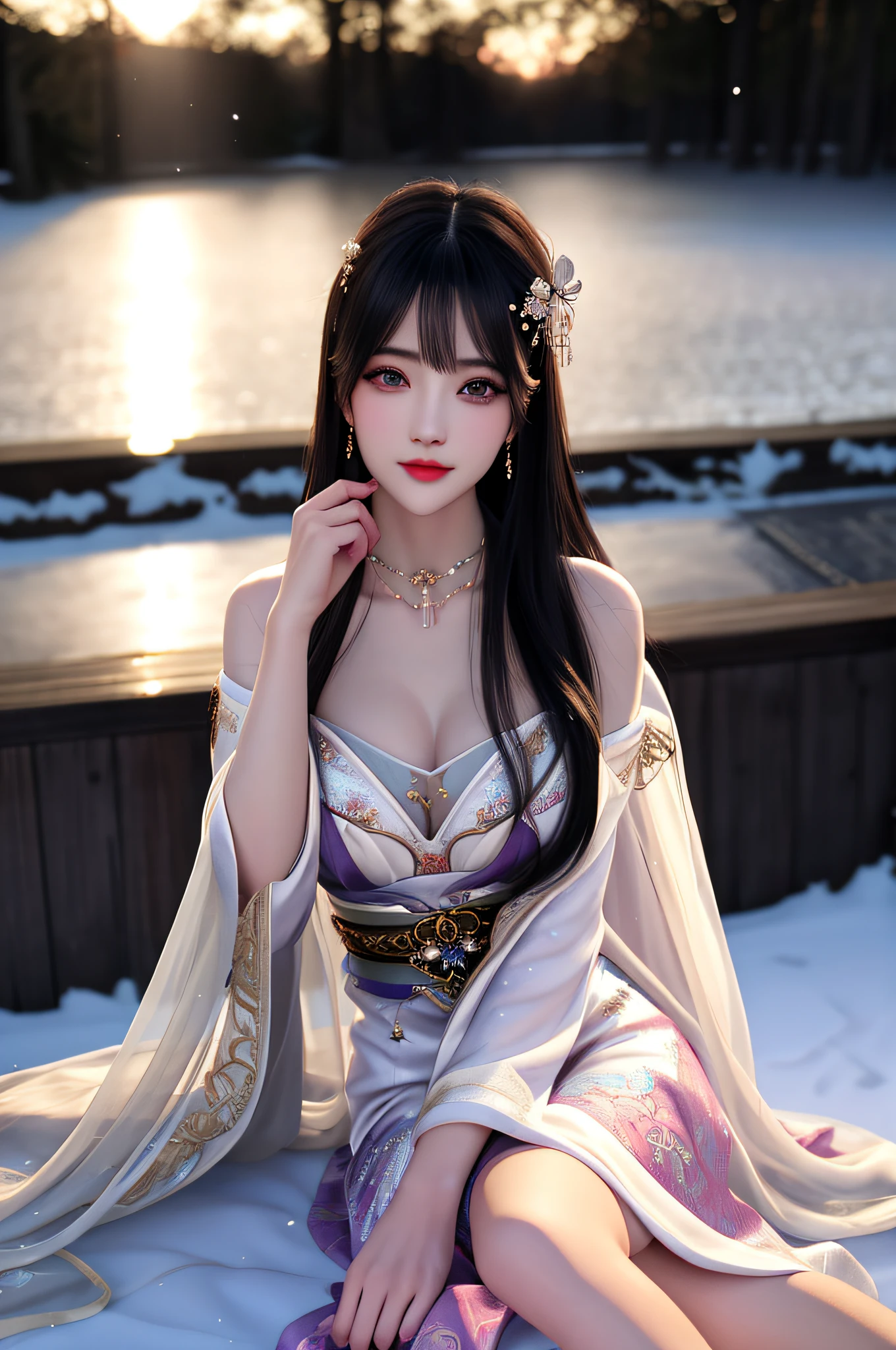 best qualityer,8K, tmasterpiece, A high resolution, 1girll, Clear silk porcelain dress, Fur coat, hair adornments, ssmile, Keep one's mouth shut, cparted lips,Large breasts,Shoulder, shift dresses, hair adornments, choker necklace, jewely, Chinese outfit, long whitr hair, 耳Nipple Ring, Detailed beautiful eyes, detailed eyelashes, beautiful face,after sexing_Body,Slender and long legs, Tyndall effect,realisticlying, edge lit, twotonelighting,(highdetailskin:1.2), 8K, Ultra HD, digital SLR camera, gentle illumination, high high quality, Volumetriclighting, Frankness, photore, A high resolution, Bokeh, at a forest, Falling snow, Winters, in the afternoon