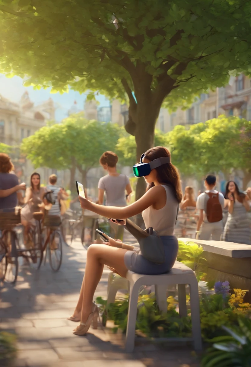 Girls use VR、AR、cameras、camera、Painting related elements、UAVs、mapping tools, etc))People drawing items to take pictures of the tree-lined little park --auto