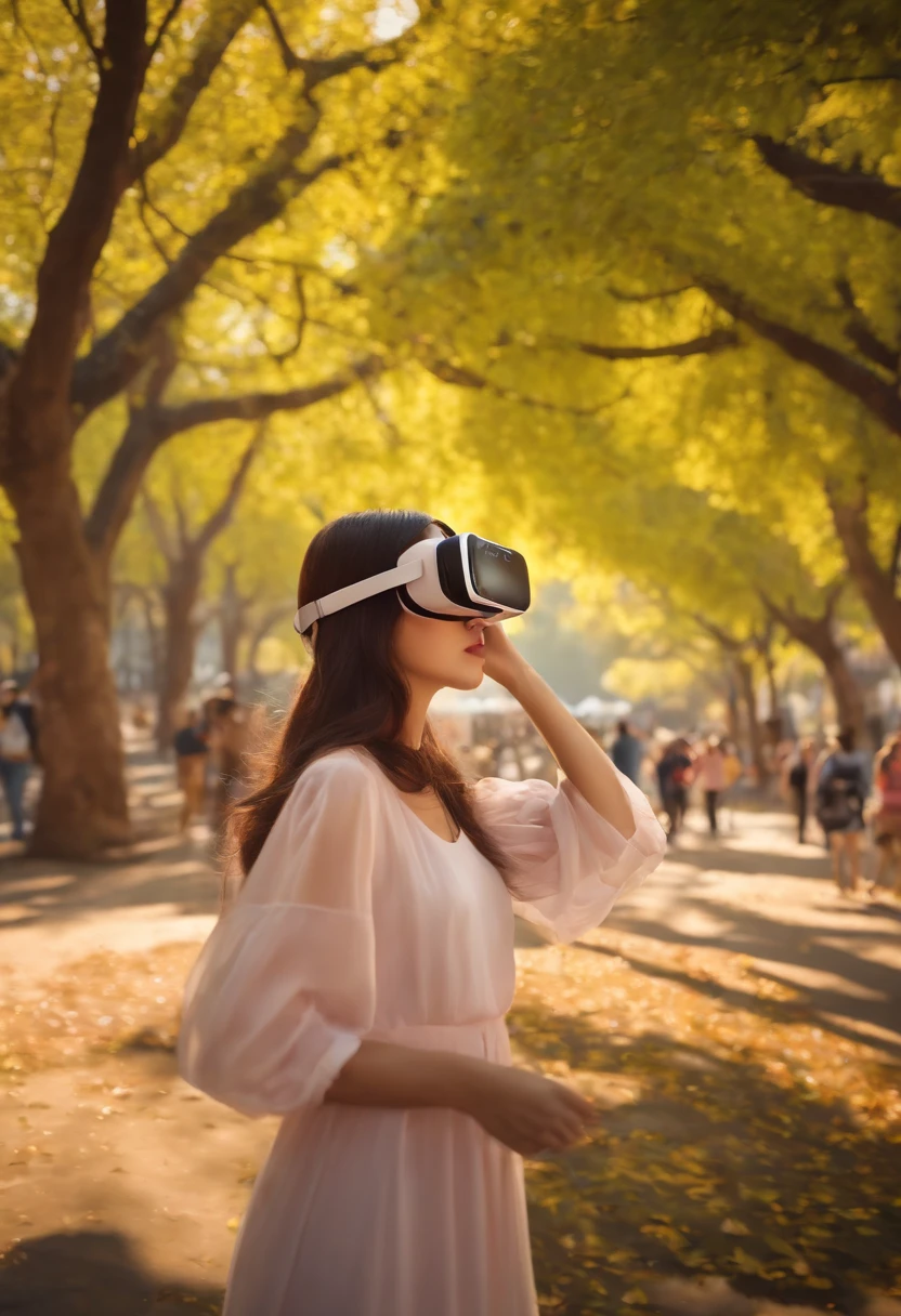 Girls use VR、AR、cameras、camera、Painting related elements、UAVs、mapping tools, etc))People drawing items to take pictures of the tree-lined little park --auto