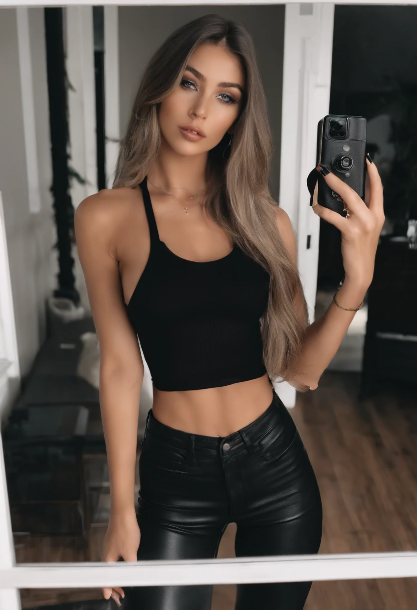 sexy girl with green eyes, portrait sophie mudd, brown hair and large eyes, bedroom eyes, violet myers, without makeup, natural makeup, face with artgram, subtle makeup, stunning full body shot, piercing green eyes, blond woman taking a selfie in a mirror with a camera, leather top, tight outfit, wearing a sexy cropped top, sexy outfit, very sexy outfit, sexy look, leather, revealing outfit, wearing tight simple clothes, tight attire, black leather shorts, low cut top, she is wearing a black tank top, wearing a cropped black tank top, sexy style