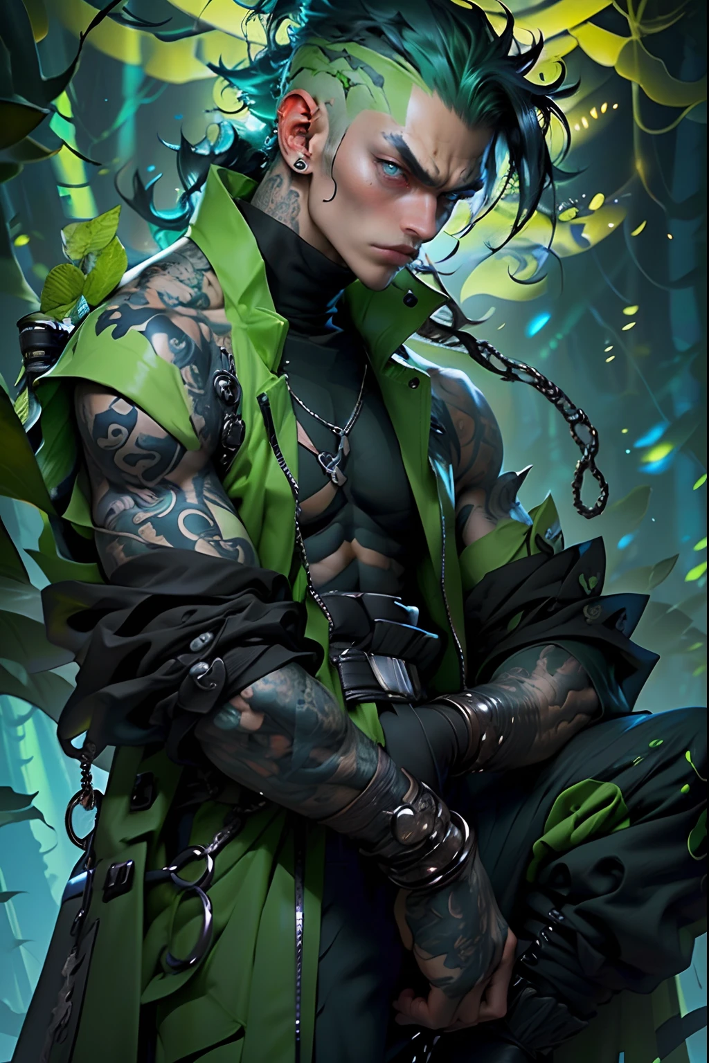 (masterpiece, best quality), 1boy, wearing micro thong, full mast, erect bulge, see-through thong , mushroom water world, wide angle, athletic body, male, iridescent skin, flat chest, silver eyes, green hair styled in spikes, determined expression, bioluminescent lighting, small waist, broad chest, big mane, slim scruffy, muscular , illustration, watercolor ink sketch, (best quality)), intricate detailed,solo, masterpiece, art by hermann nitsch, zdzislaw beksinski, dariusz zawadzki, giger, dragan bibin and l
