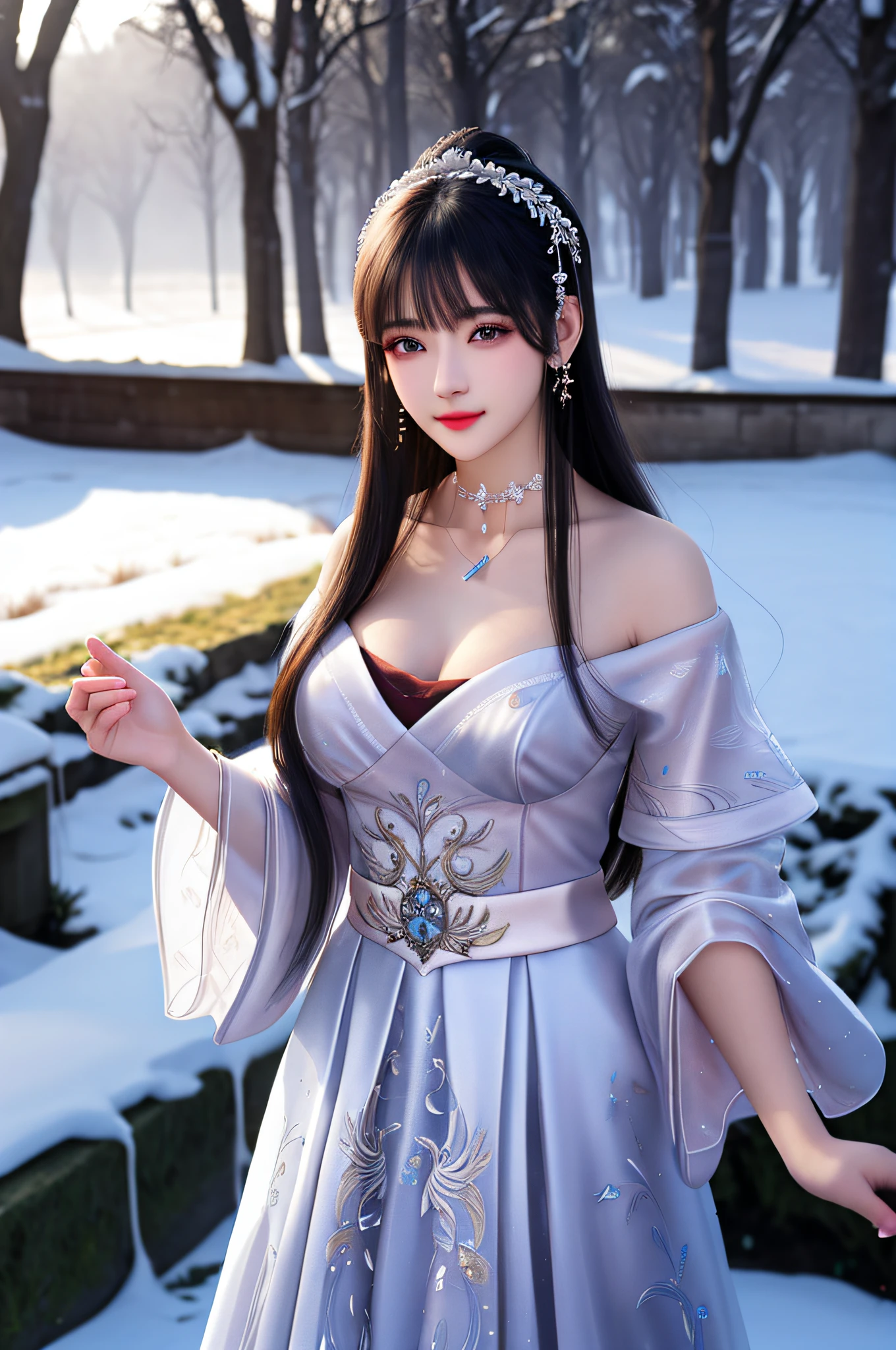 best qualityer,8K, tmasterpiece, A high resolution, 1girll, Clear silk porcelain dress, Fur coat, hair adornments, ssmile, Keep one's mouth shut, cparted lips,Large breasts,Shoulder, shift dresses, hair adornments, choker necklace, jewely, Chinese outfit, long whitr hair, 耳Nipple Ring, Detailed beautiful eyes, detailed eyelashes, beautiful face,after sexing_Body, Tyndall effect,realisticlying, edge lit, twotonelighting,(highdetailskin:1.2), 8K, Ultra HD, digital SLR camera, gentle illumination, high high quality, Volumetriclighting, Frankness, photore, A high resolution, Bokeh, at a forest, Falling snow, Winters, in the afternoon