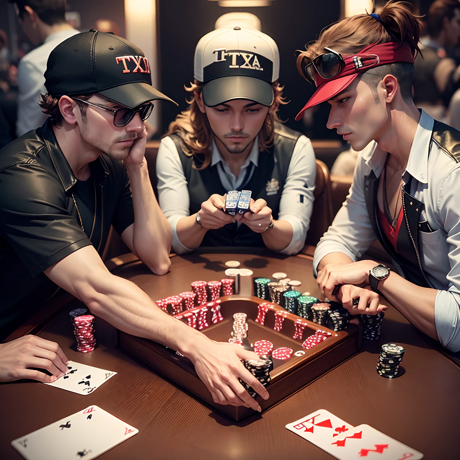 Dealer and players sitting at a poker table、(Several game cards lying face down:1.3)、A large number of betting chips、Tense game moments、dramatic scene、(Game cards played:1.2)、Wooden table、Dynamic configuration、(Highest quality、4K、8k、High resolution、masterpiece:1.2)、Super detailed、(Real、Photorealistic、Photorealistic:1.37)、Beautifully detailed face and hands、Highly detailed eyes and facial features、Dramatic lighting、Cinematic angle、Complex Texture、Warm tones、Chiaroscuro Lighting、Moody atmosphere、