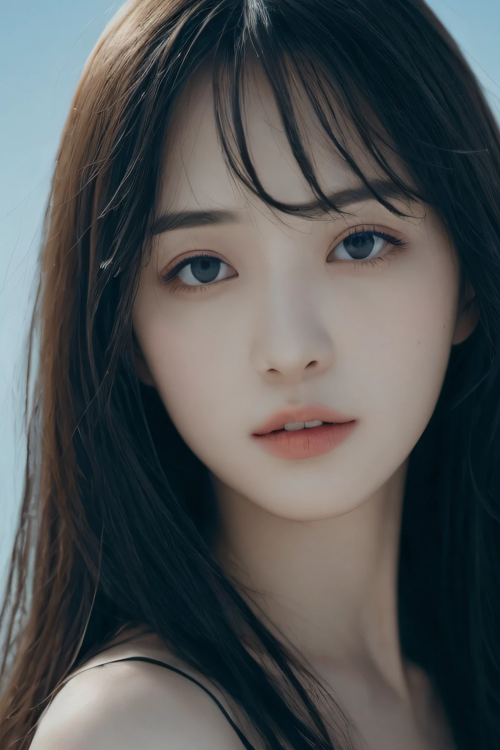 (detailed and realistic portrait of a girl with a clean face), (round eyes and long flutters hair shot outside),staring at camera,magical photography, with dramatic lighting, photo realism, Ultra-detailed,
 intimate portrait composition, (centered image composition),(close up shot:1.6),Best Quality,f/1. 8, 85mm,
(28years asian woman), black_heads,(black_eyes:1.2),(bangss),makeups,white_one-piece,
(hazy blue_sky_Background with)