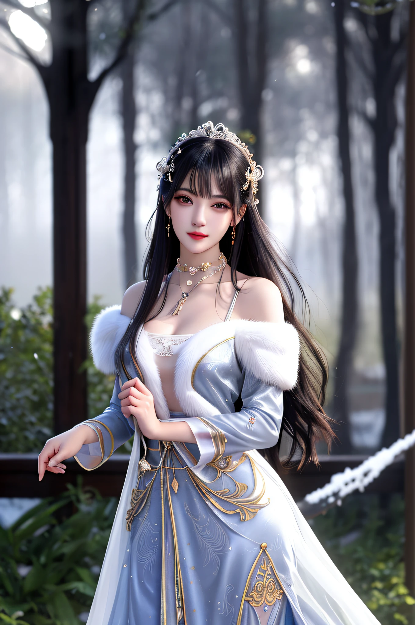 best qualityer,8K, tmasterpiece, A high resolution, 1girll, Clear silk porcelain dress, Fur coat, hair adornments, ssmile, Keep one's mouth shut, cparted lips,Large breasts,Shoulder, shift dresses, hair adornments, choker necklace, jewely, Chinese outfit, long whitr hair, 耳Nipple Ring, Detailed beautiful eyes, detailed eyelashes, beautiful face,after sexing_Body, Tyndall effect,realisticlying, edge lit, twotonelighting,(highdetailskin:1.2), 8K, Ultra HD, digital SLR camera, gentle illumination, high high quality, Volumetriclighting, Frankness, photore, A high resolution, Bokeh, at a forest, Falling snow, Winters, in the afternoon