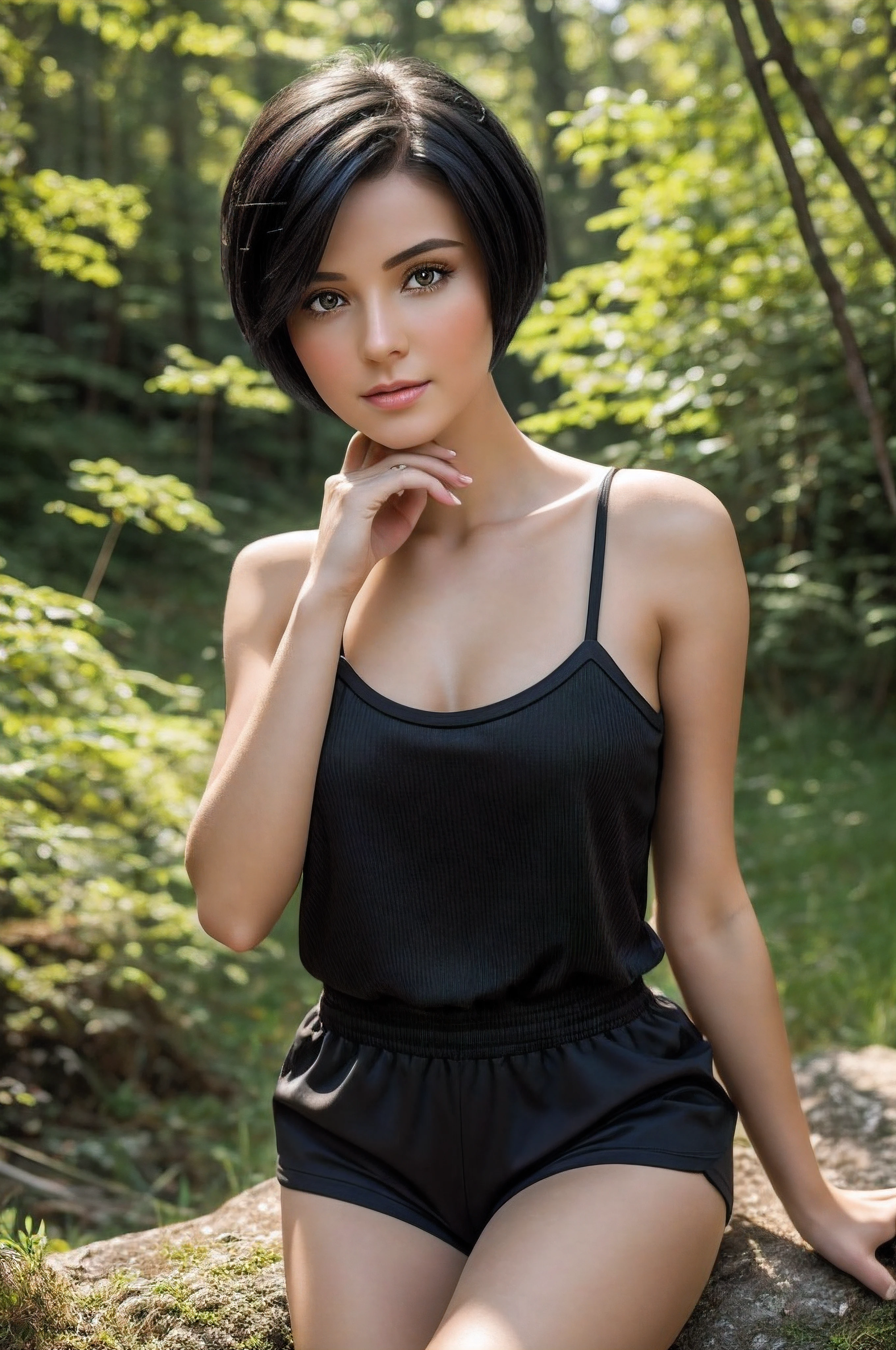 best image quality, masterpiece, very high resolution, (fidelity: 1.4), photo, 1 girl, daytime, forest glade, best quality, 8k, masterpiece: 1.3, ultra-realistic, sitting on a bench posing for a photo, leaning towards cams, fairy shape short black hair, head like Anastasia ovchinnikova, black short hair, short black hair pixie cut, with short hair, head like Olga Buzova, short black hair, alina ivanchenko, short dark haircut, fairy haircut, hairstyle fairy, Julia Gorokhova, short dark hair, Masterpiece, (short black hair), outdoors, best quality, very high resolution, raw photo, diffused sunlight,