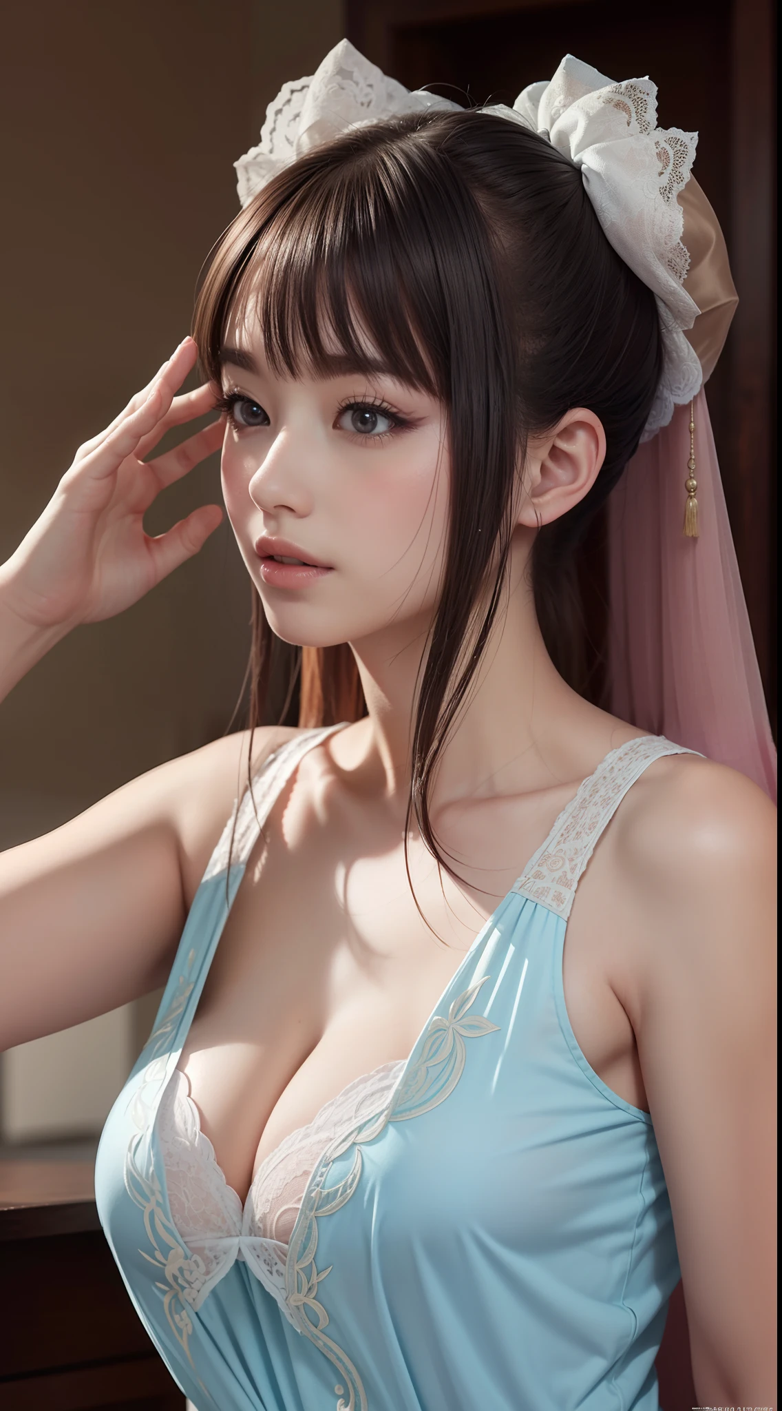 (Best quality,4K,8K,A high resolution,Masterpiece:1.2),Ultra-detailed,(Realistic,Photorealistic,photo-realistic:1.37),Delicate depiction of cherry blossom motif on traditional Chinese gauze dress, Dynamically capture Tai Chi elements, Flowing fabric, vivid vivid colors, Pastel tones, Soft and dreamy lighting, Focus on exquisite craftsmanship, Dynamic movements, Detailed rendering of intricate floral embroidery, Elegant and elegant gesture, Porcelain-like skin, long pink twintails, soft blue eyes, Subtle and flawless makeup, Surreal wallpapers