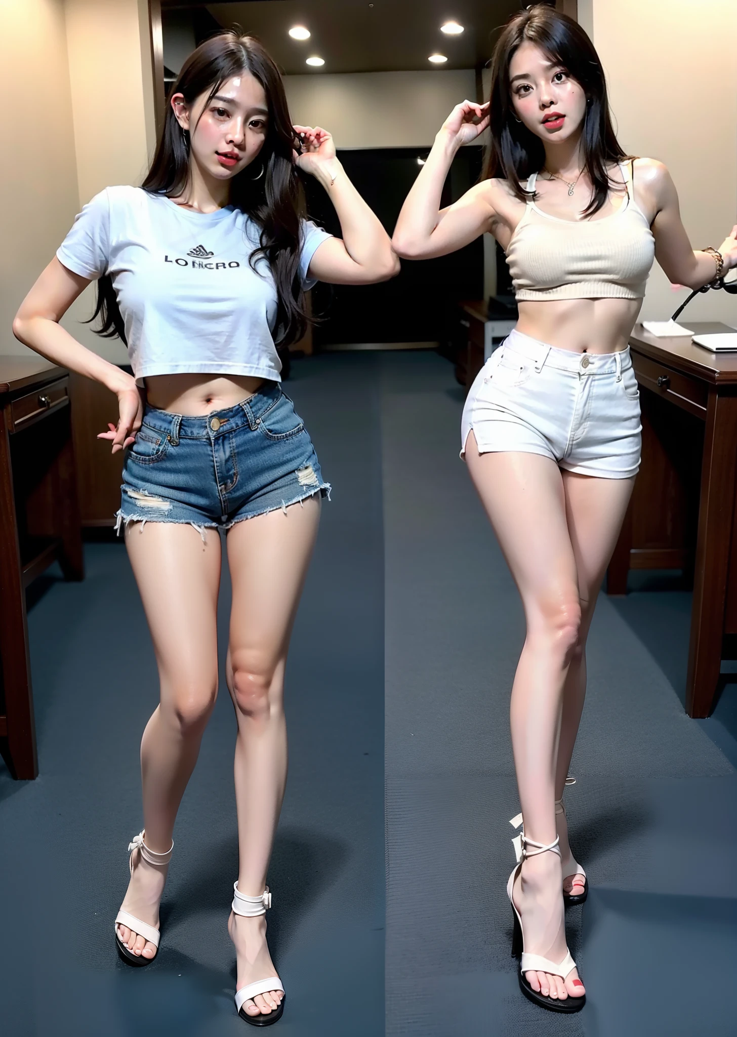 (((top-quality)),((masterpiece)),(Logical delineation),(detaileds:1.5),(Like the photo:1.5),(full nude, medium breasts, thighs, shiny skin, pale skin),heels, standing,brown hair, perfectly proportions,16 K、
