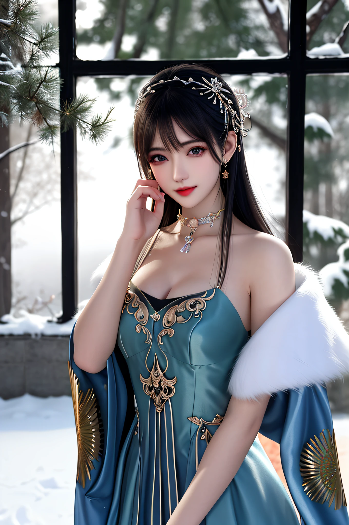 A close-up of a woman in a dress in a forest, Beautiful character painting, portrait of snow White, pale snow White skin, 4k high definition. snow White hair, snow White, Beautiful lady, beautiful female princess, guweiz style artwork, realistic disney photo, Beautiful lady de fantasía, ((a beautiful fantasy empress)), disney art style , jisoo from blackpink, popular south korean makeup, quality detailed ,(beautiful makeup :1.2), wide hips, Big, Big ass, (best quality, 8k, masterpiece: 1.3), clear focus: 1.2, Perfect body beauty: 1.4, strong abs, Very detailed face and skin texture. , detailed eyes, double eyelids, (long hair), Having very marked curves, with greater volume in ((hips and breasts)), which makes the waist look much smaller ((wasp waist)).(masterpiece, top quality, Best Quality, official art, depth of field, Beauty: 1.2), pinnacle rendering, Realistic representation, (1 girl)