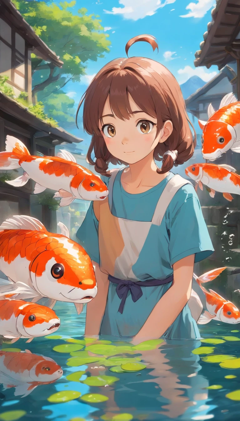 Image quality of the film,Hayao Miyazaki animation,Miyazaki animation style,Miyazaki film animation,Films en 3D,China-style, with short braids standing in front of a huge koi,Houle Mer,profondeur de champs,High light,Real light,Ray tracing,OC rendu,hyper-realistic,beste-Qualit,8k,Works by masters,super-fin,Detailed pubic hair,anatomie correcte,mise au point nette sur les yeux,Bokeh,Facial features are carefully represented
